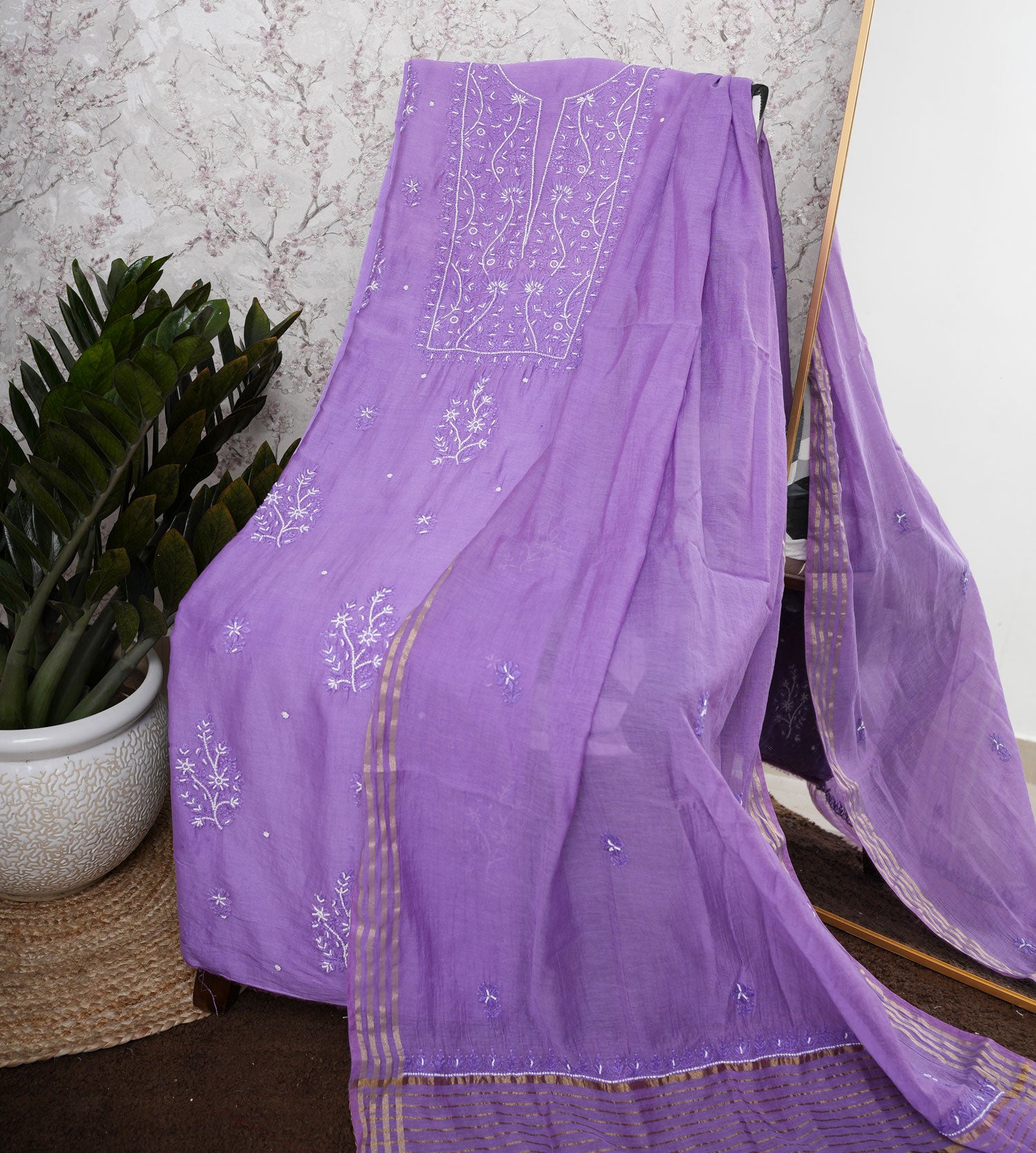 Chanderi Un-Stitched Chikankari Suit Set with Dupatta-Dark Purple