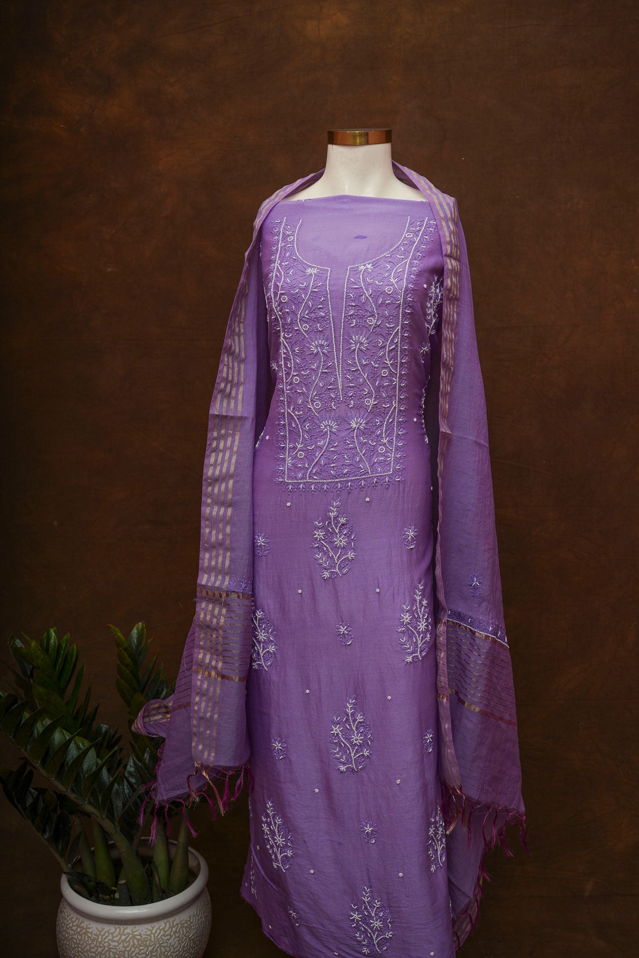Chanderi Un-Stitched Chikankari Suit Set with Dupatta-Dark Purple