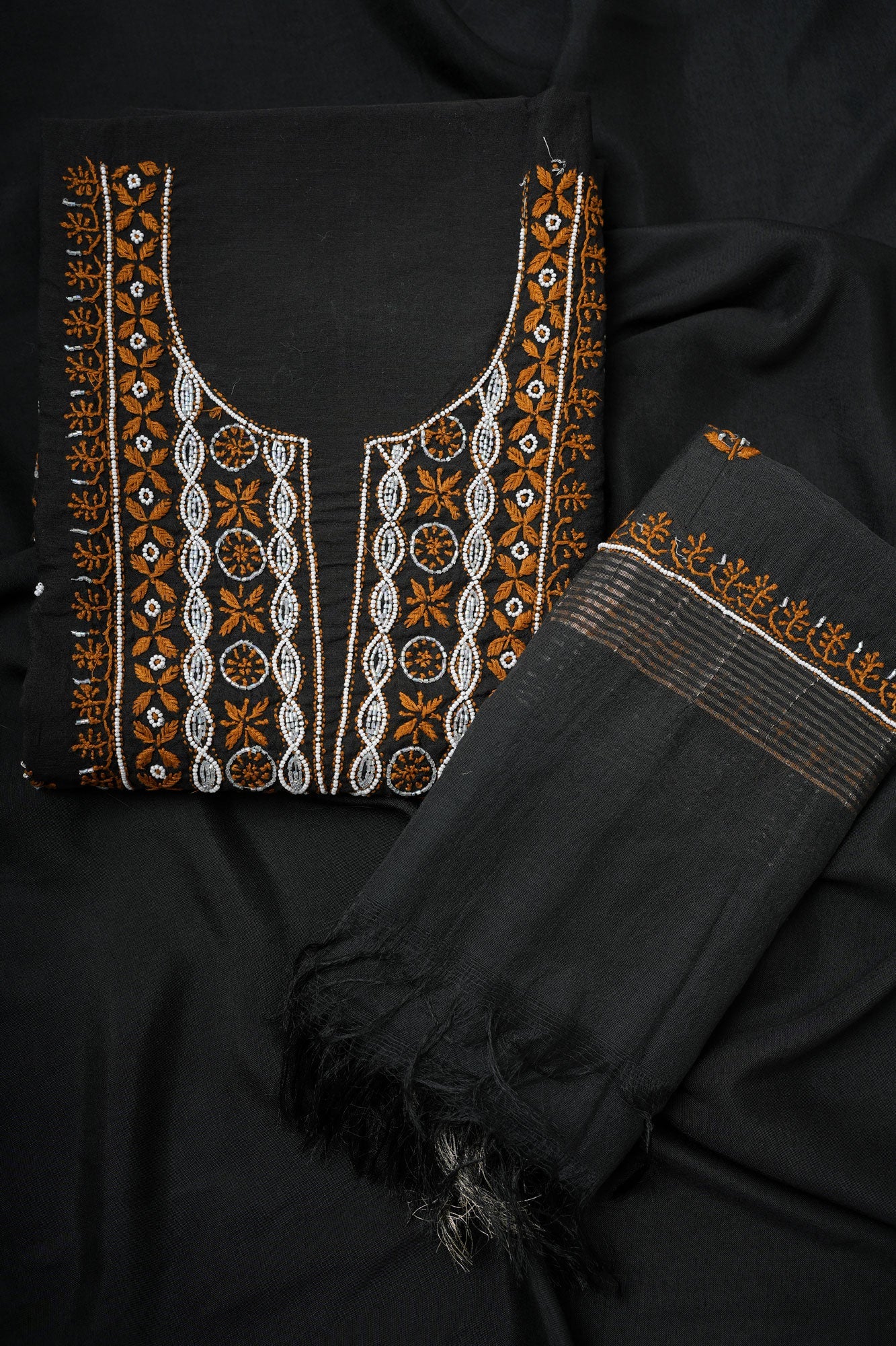 Midnight Glow Chikankari Unstitched Suit Set with Dupatta-Black