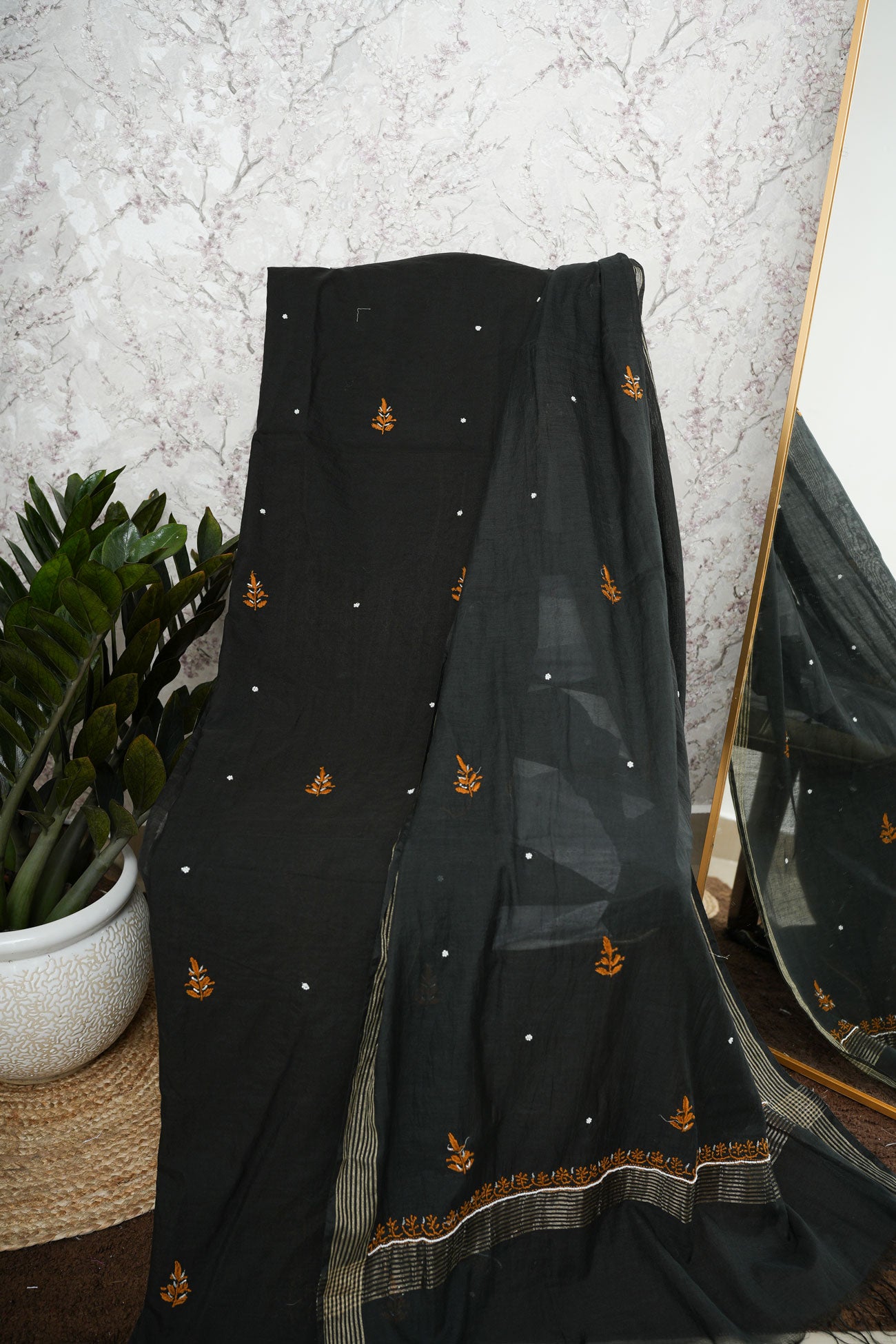 Midnight Glow Chikankari Unstitched Suit Set with Dupatta-Black