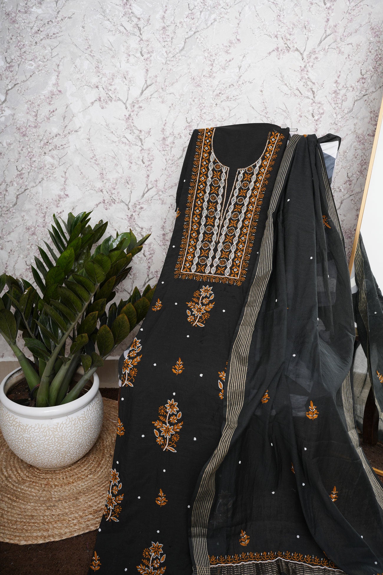 Midnight Glow Chikankari Unstitched Suit Set with Dupatta-Black