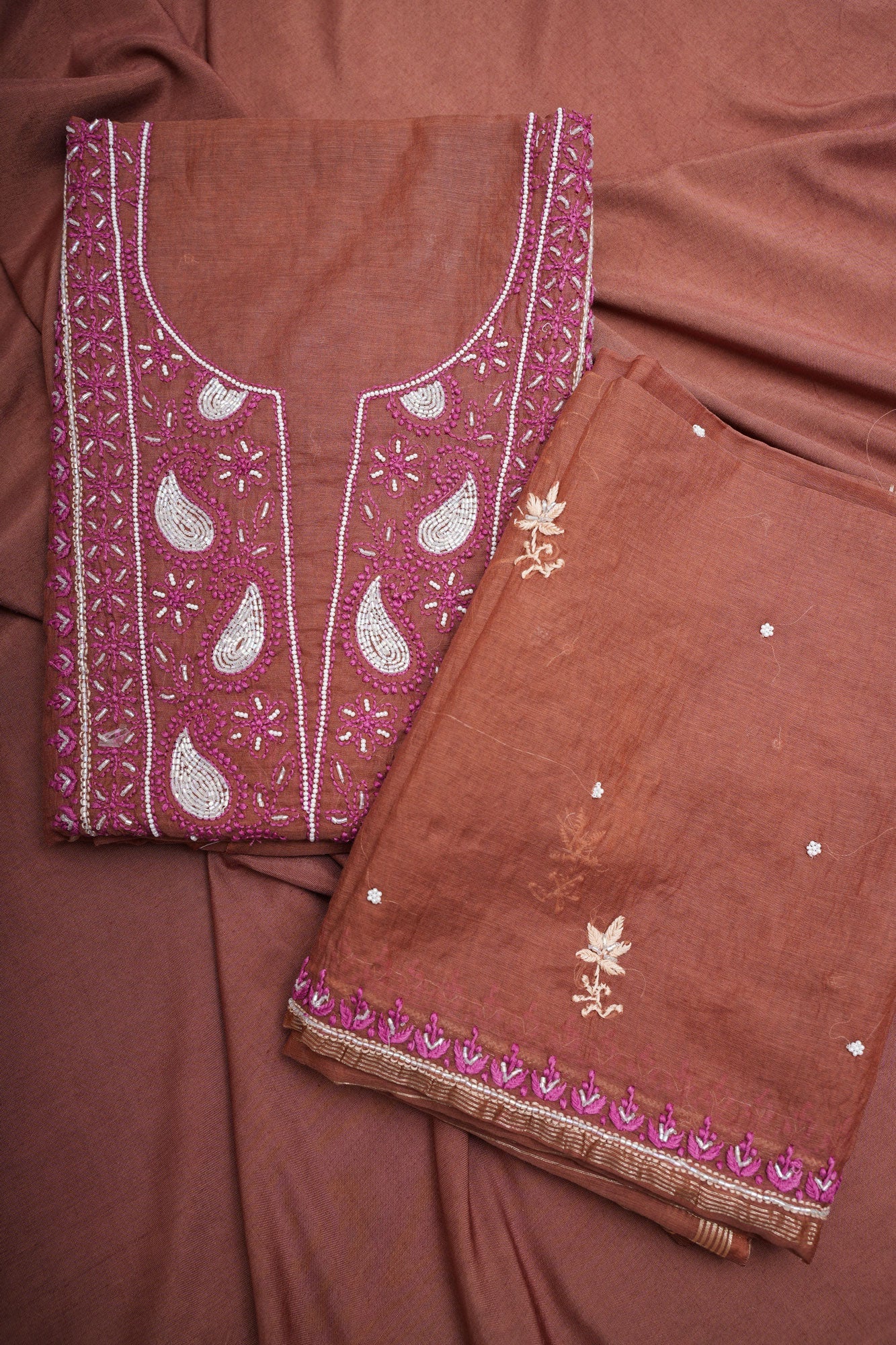 Un-Stitched Chanderi Chikankari Suit Length with Bottom and dupatta-Rust Brown