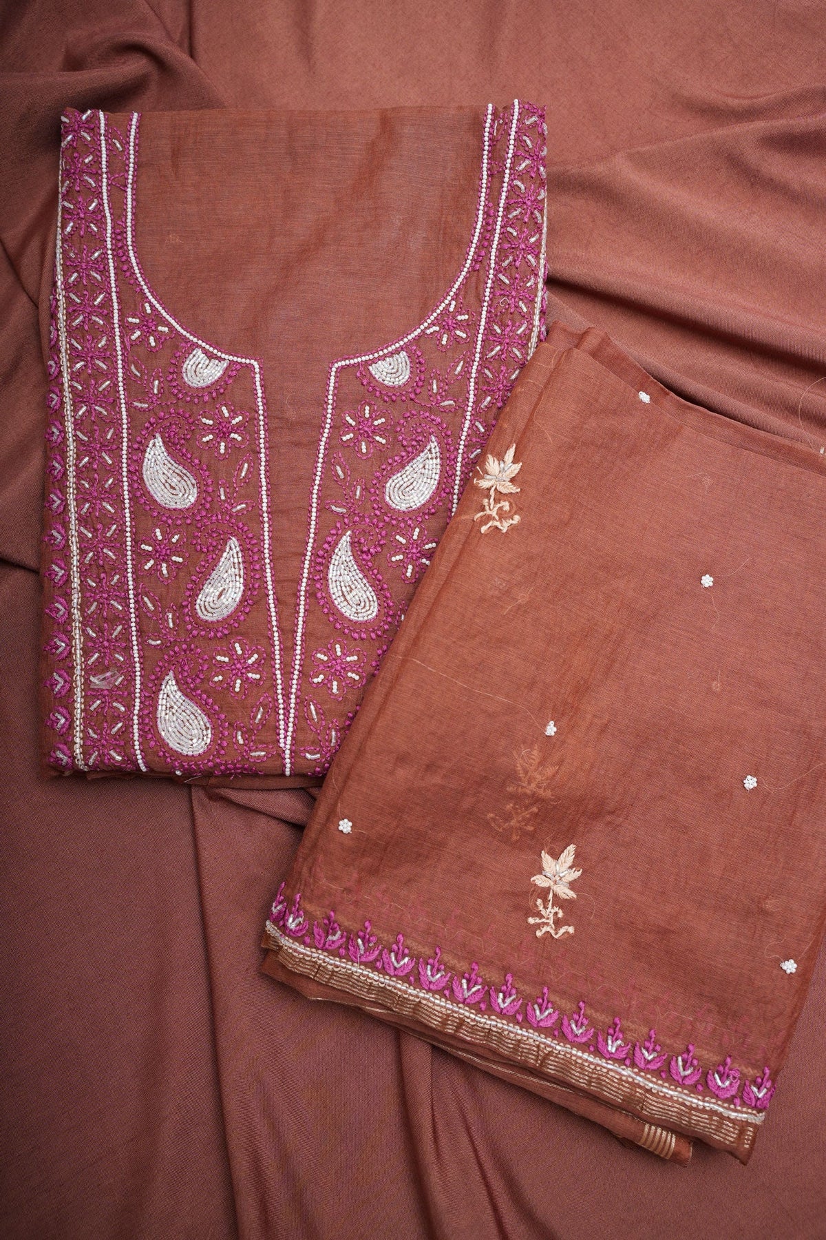 Un-Stitched Chanderi Chikankari Suit Length with Bottom and dupatta-Rust Brown