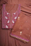 Un-Stitched Chanderi Chikankari Suit Length with Bottom and dupatta-Rust Brown