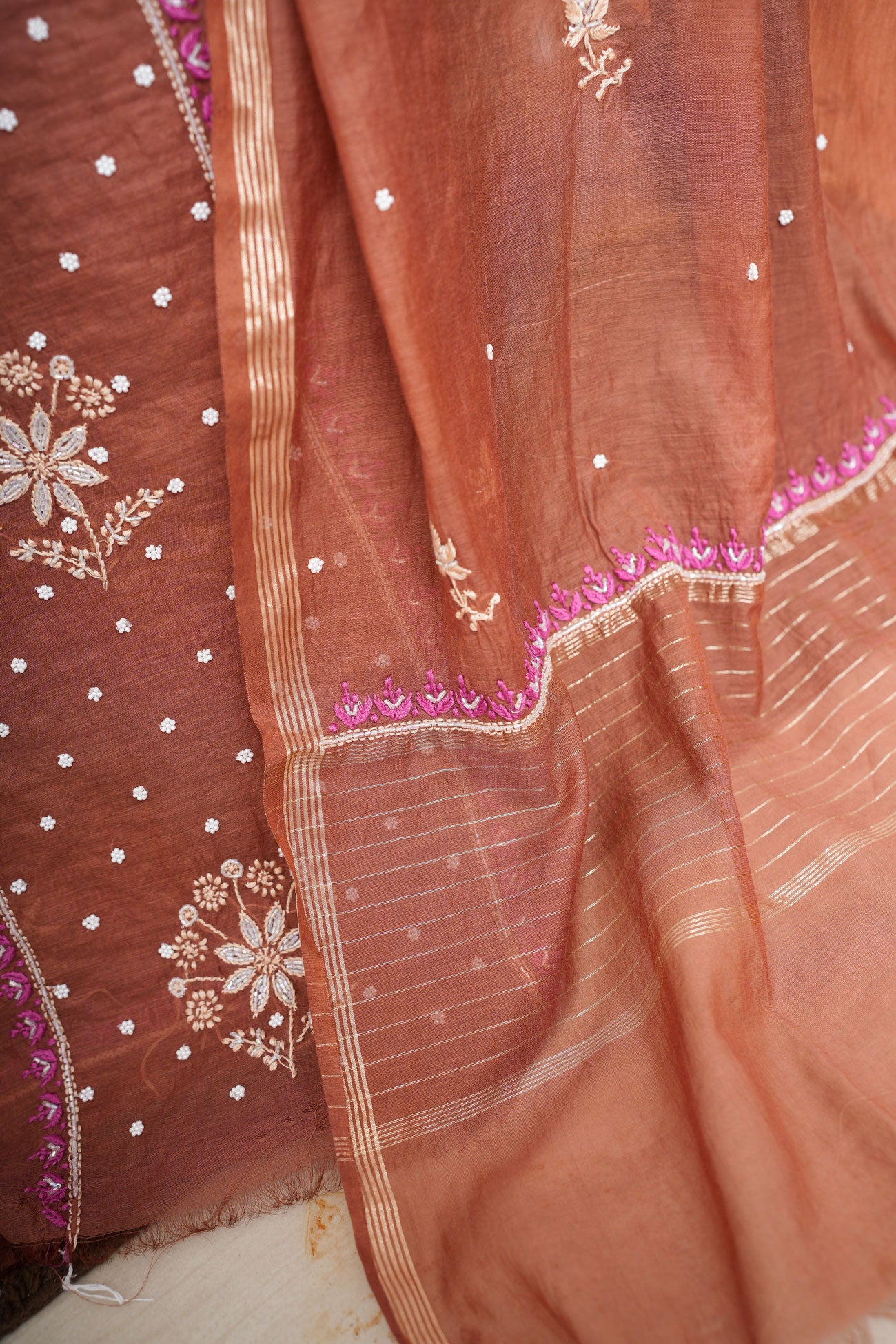 Un-Stitched Chanderi Chikankari Suit Length with Bottom and dupatta-Rust Brown