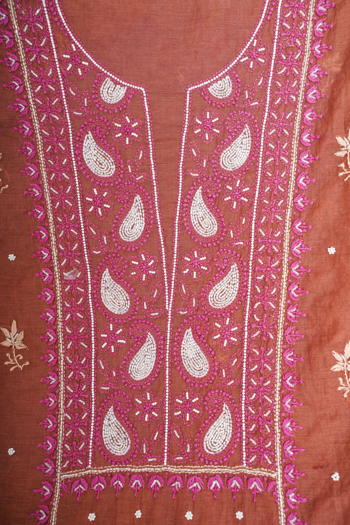 Un-Stitched Chanderi Chikankari Suit Length with Bottom and dupatta-Rust Brown