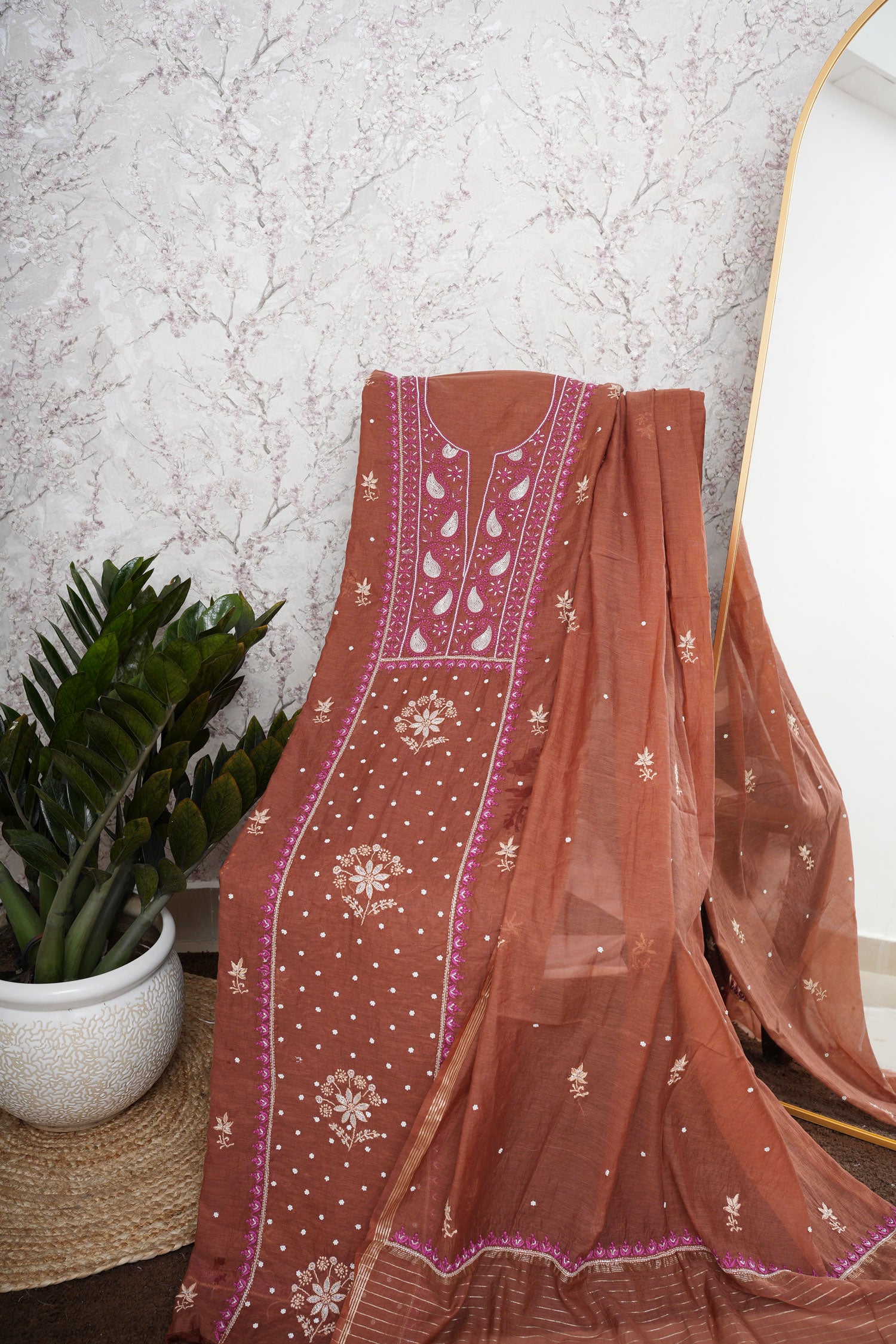 Un-Stitched Chanderi Chikankari Suit Length with Bottom and dupatta-Rust Brown