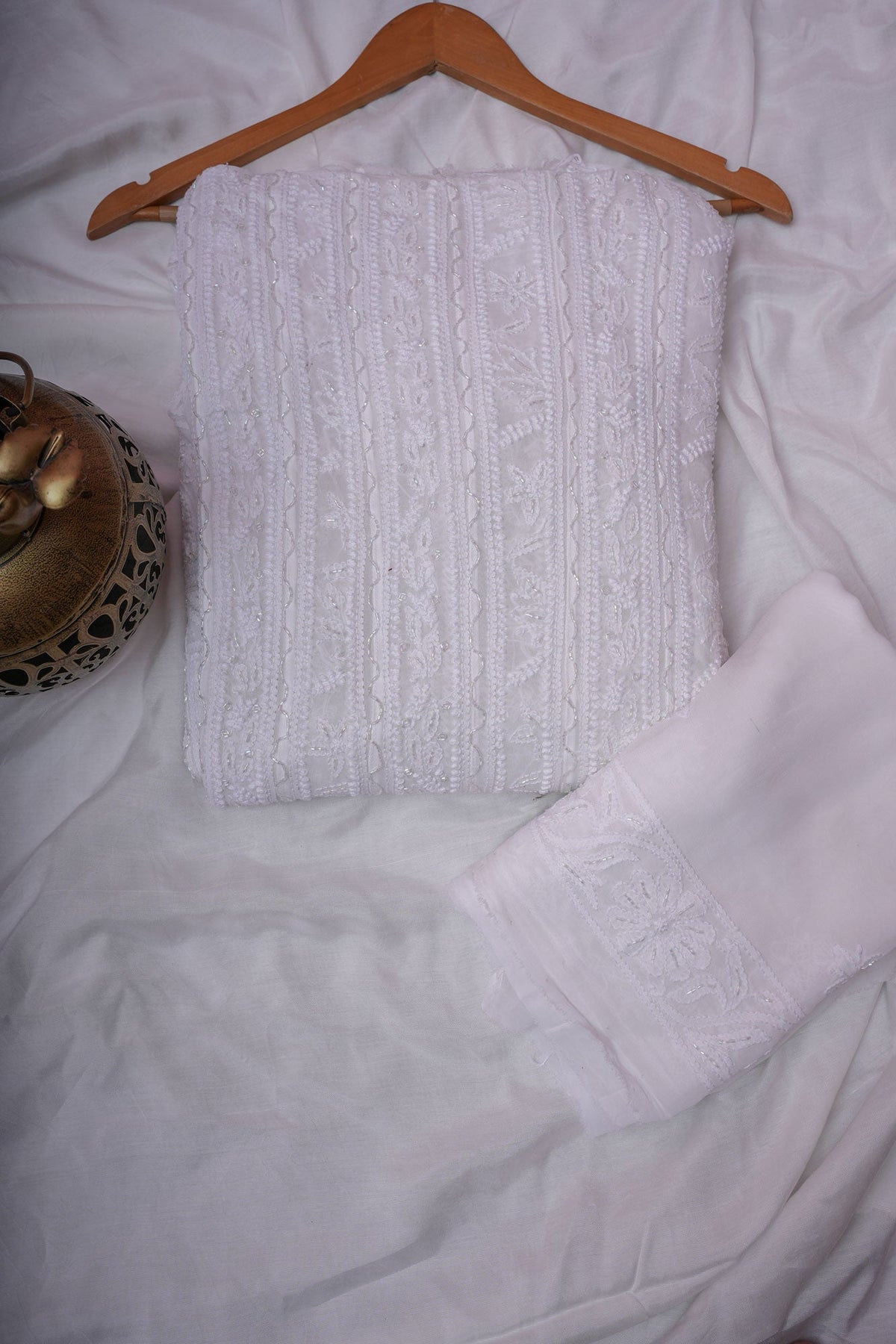 Noorani Viscose Georgette Chikankari Semi-Stitched Anarkali Suit Length with Bottom and Dupatta-White