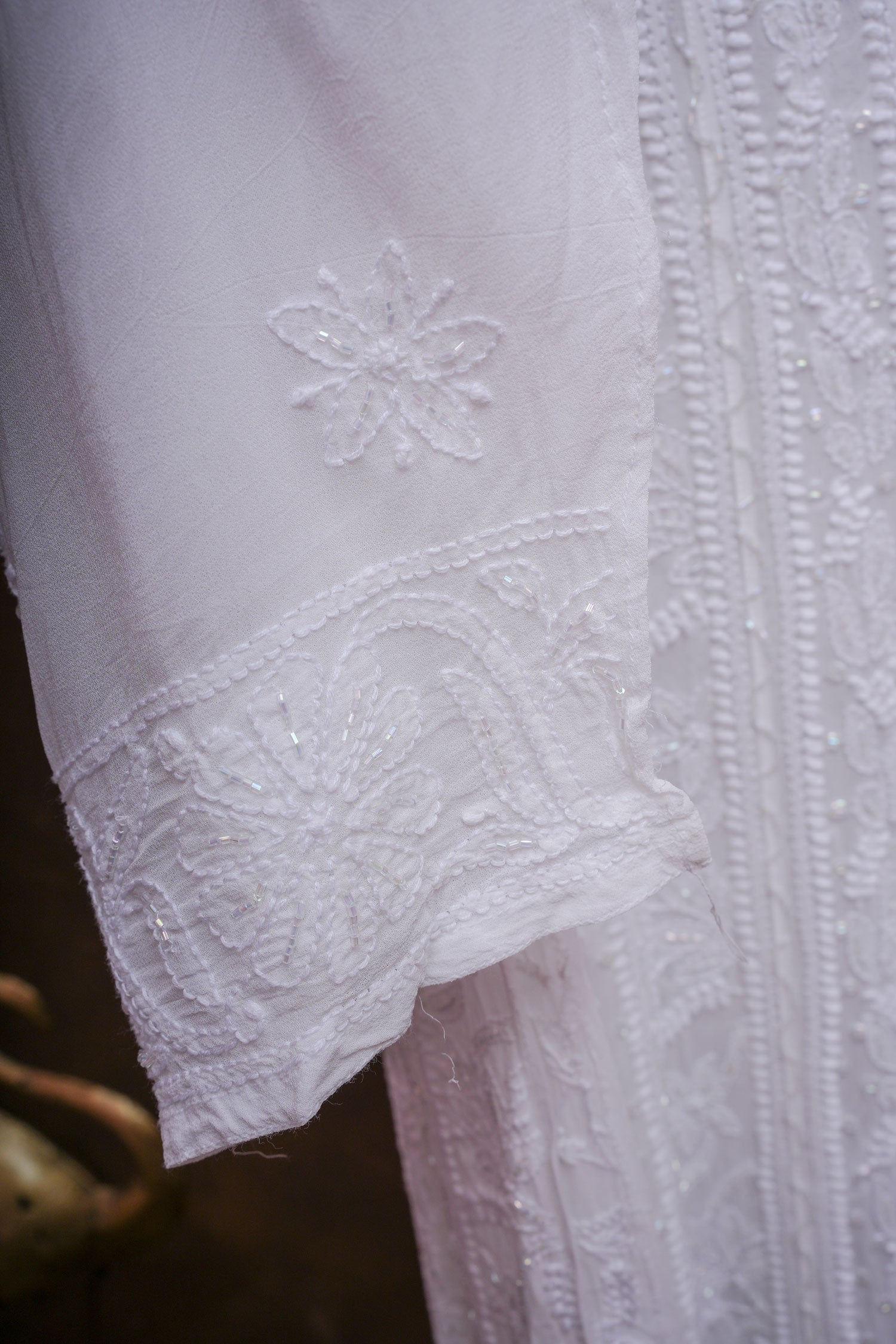 Noorani Viscose Georgette Chikankari Semi-Stitched Anarkali Suit Length with Bottom and Dupatta-White