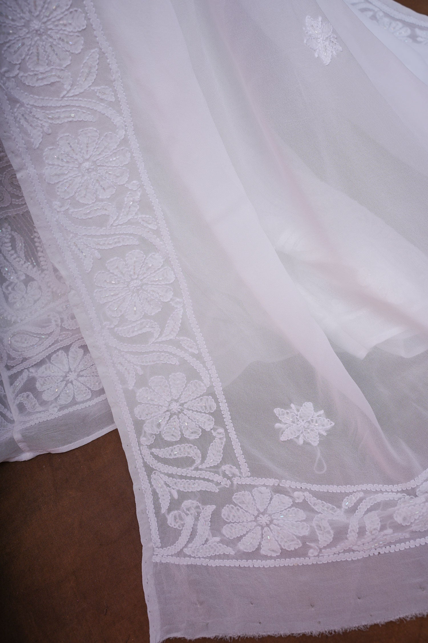 Noorani Viscose Georgette Chikankari Semi-Stitched Anarkali Suit Length with Bottom and Dupatta-White