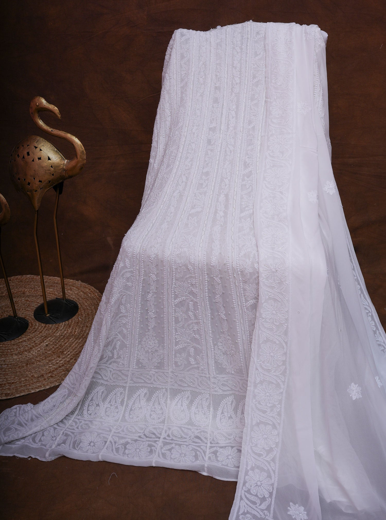 Noorani Viscose Georgette Chikankari Semi-Stitched Anarkali Suit Length with Bottom and Dupatta-White