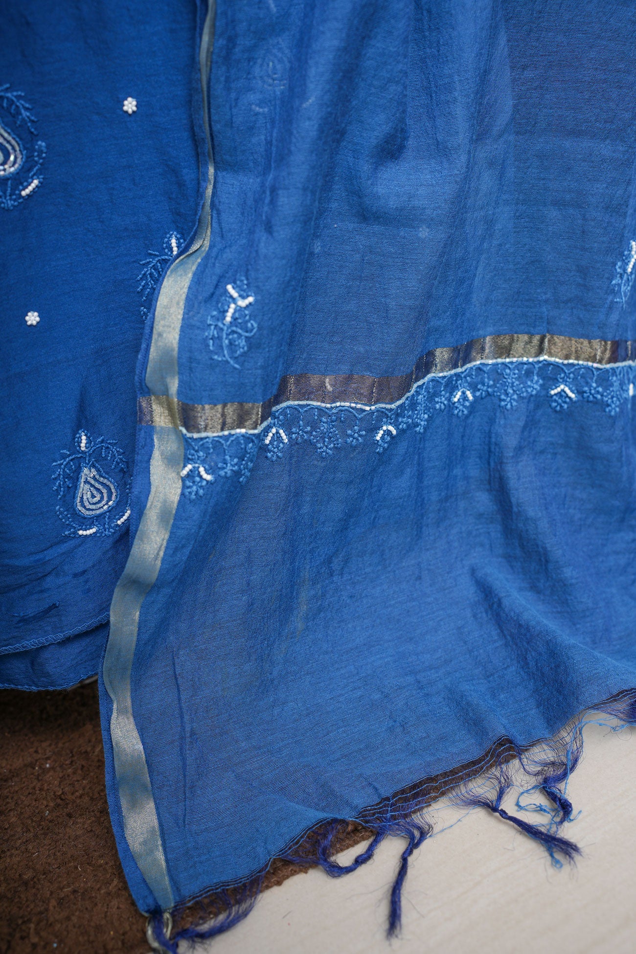 Chanderi A-Line Chikankari Semi Stitched Gown Set with dupatta-Royal Blue