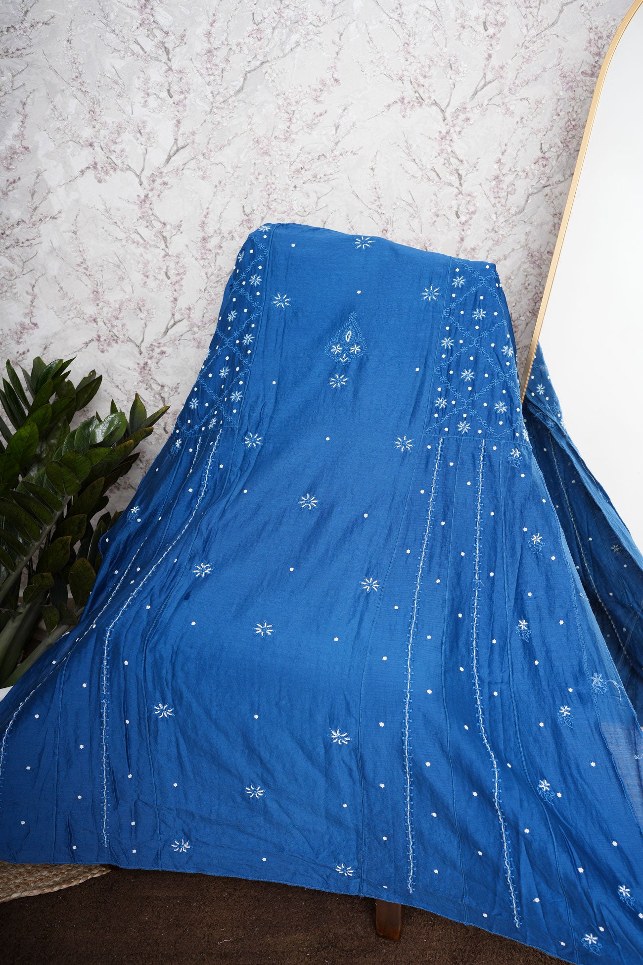 Chanderi A-Line Chikankari Semi Stitched Gown Set with dupatta-Royal Blue