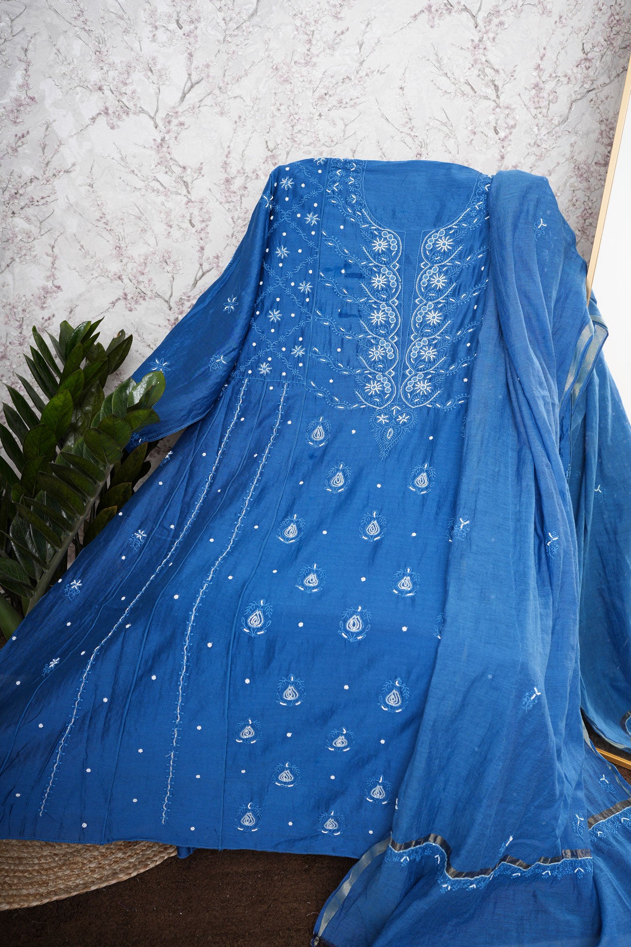 Chanderi A-Line Chikankari Semi Stitched Gown Set with dupatta-Royal Blue