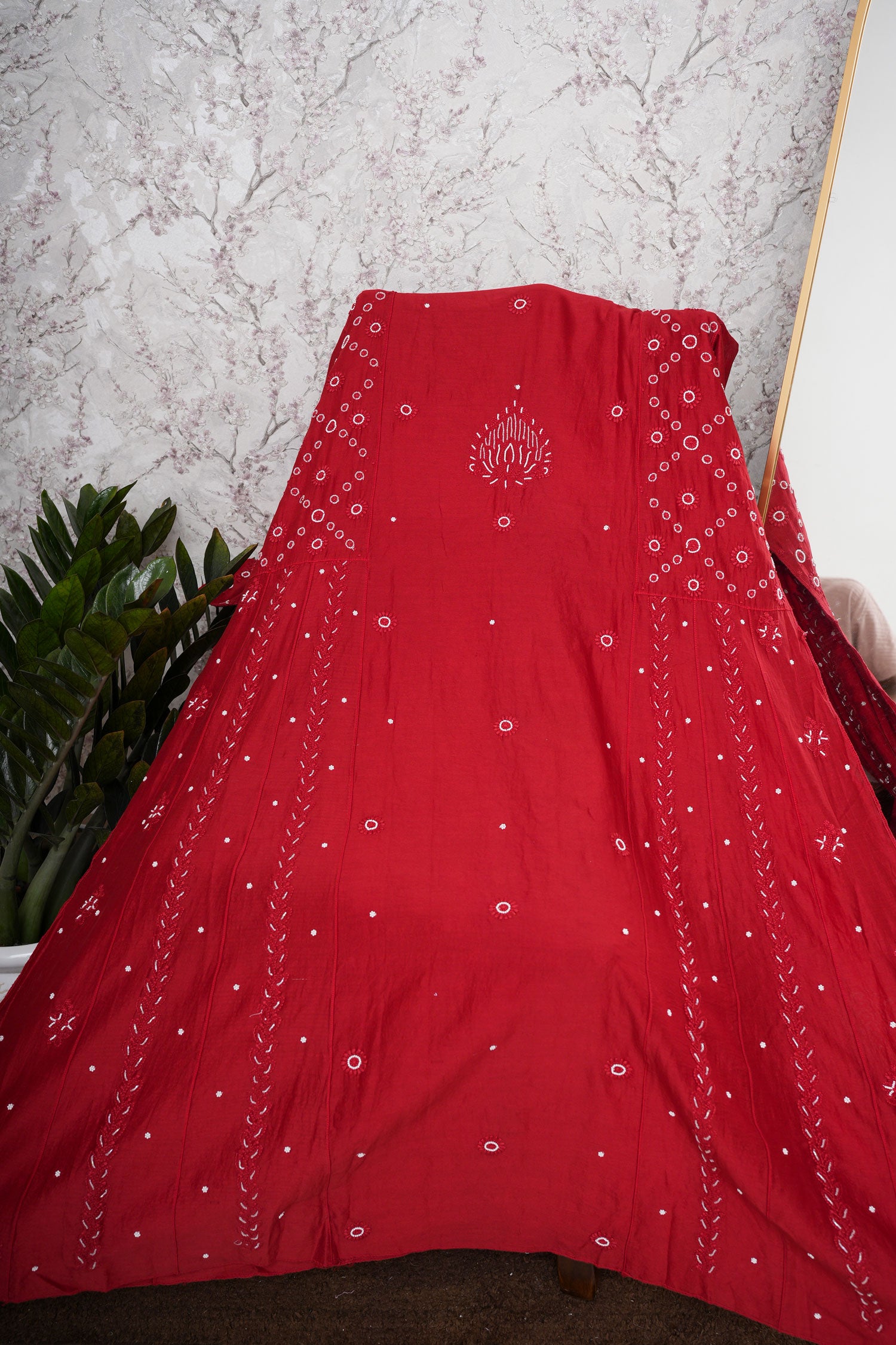 Chanderi A-Line Chikankari Semi Stitched Gown Set with dupatta-Maroon