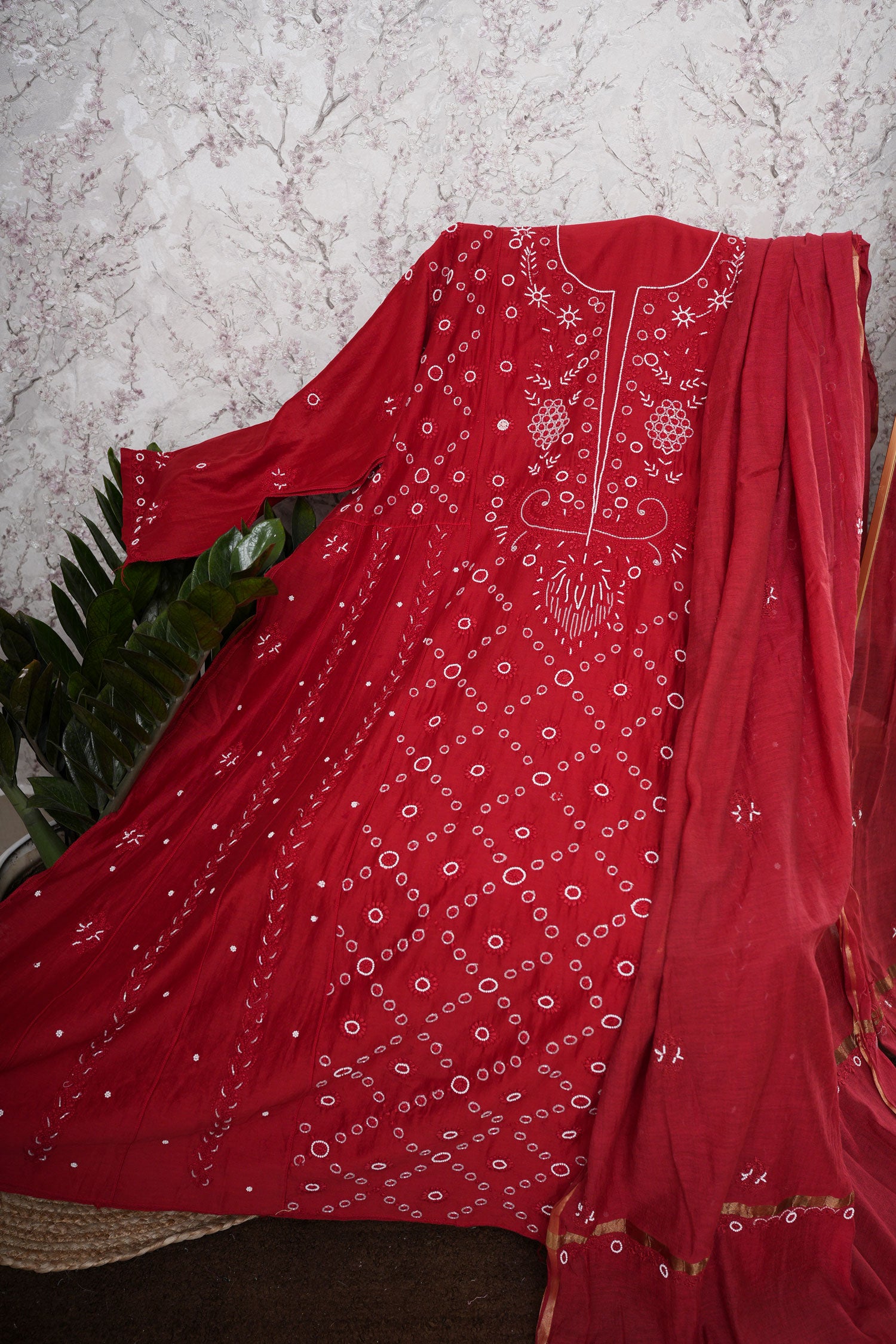 Chanderi A-Line Chikankari Semi Stitched Gown Set with dupatta-Maroon