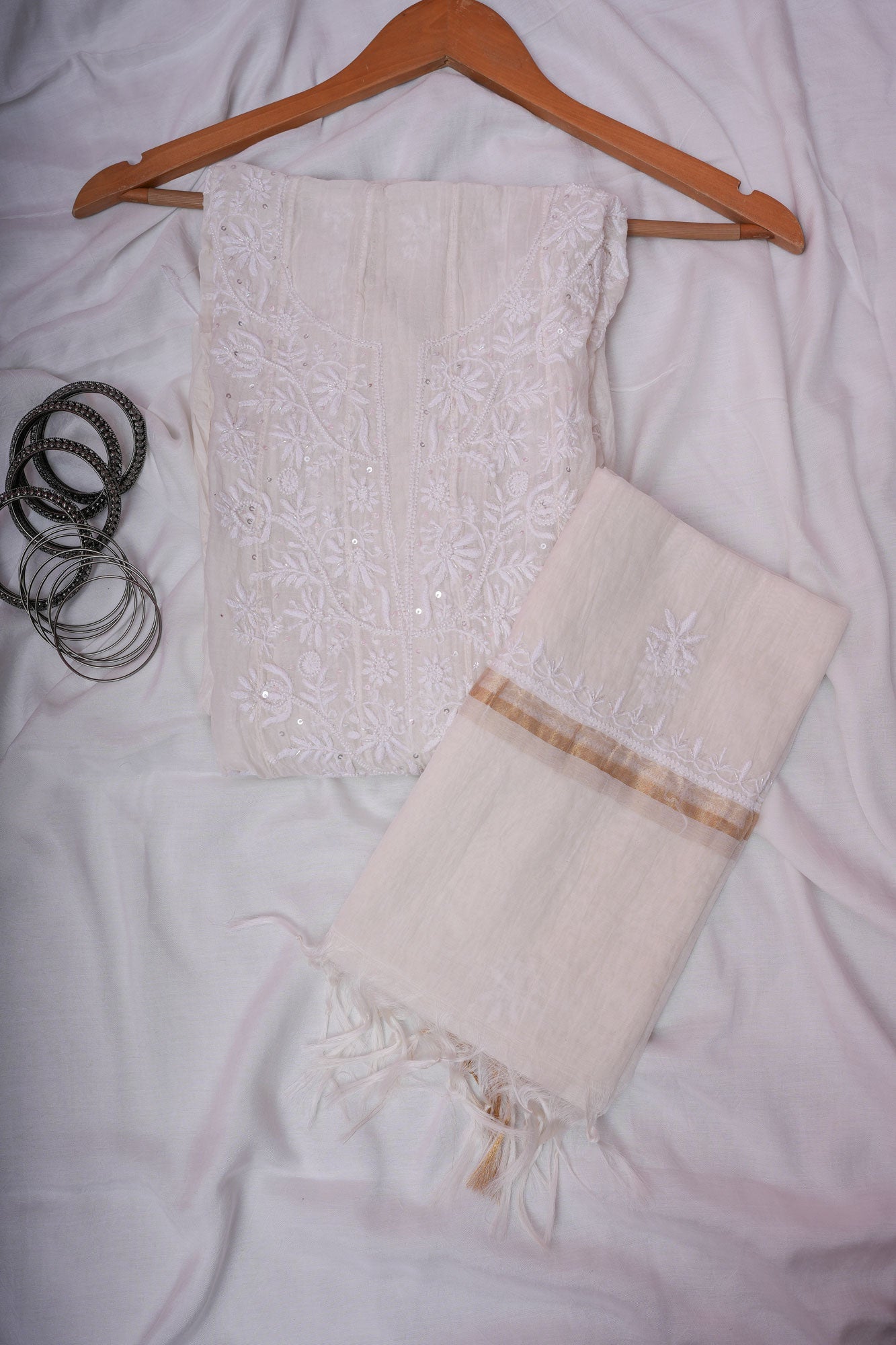 Mulmul Cotton Chikankari Semi Stitched A Line Gown with Bottom and Dupatta-Ivory