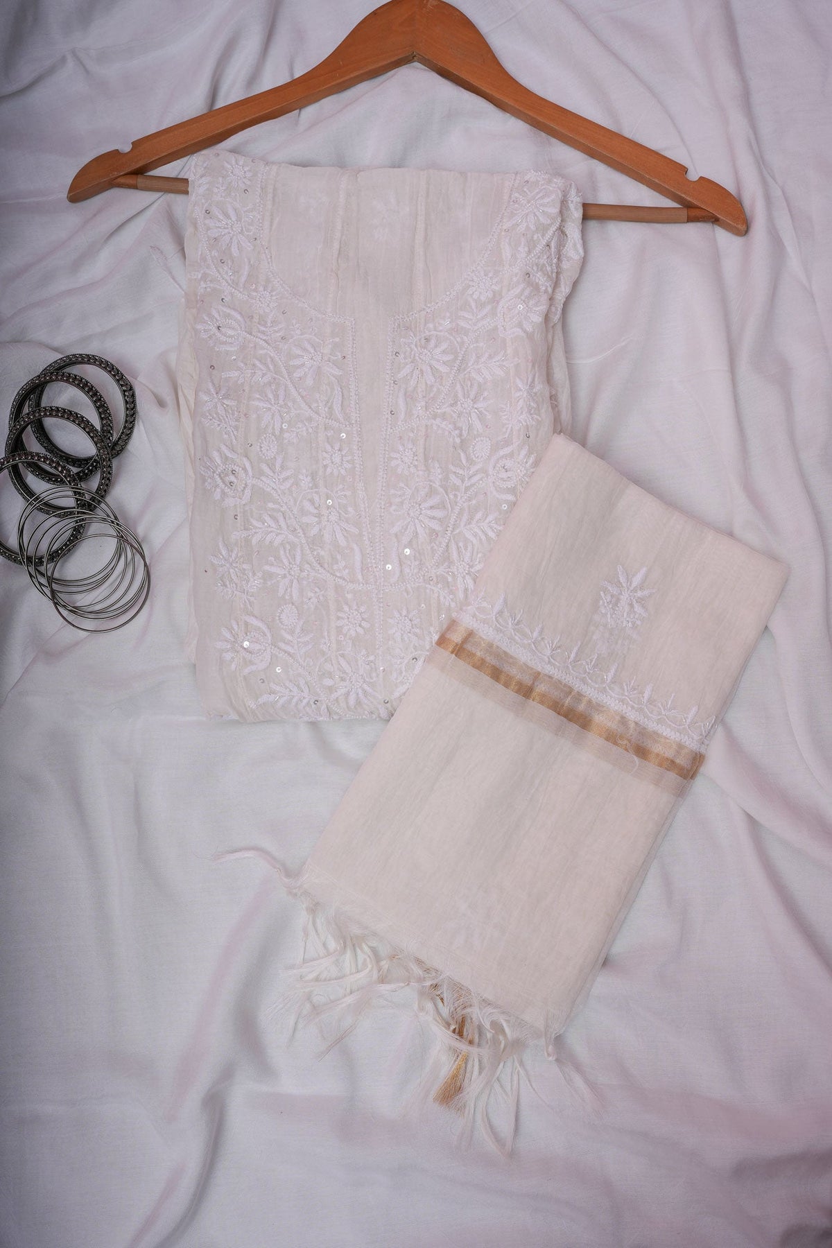 Mulmul Cotton Chikankari Semi Stitched A Line Gown with Bottom and Dupatta-Ivory