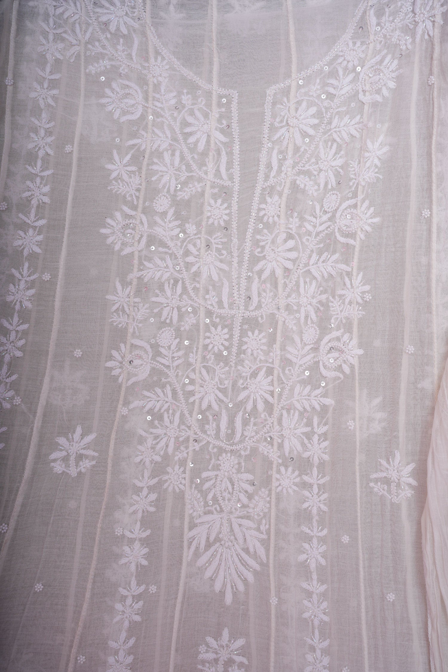 Mulmul Cotton Chikankari Semi Stitched A Line Gown with Bottom and Dupatta-Ivory