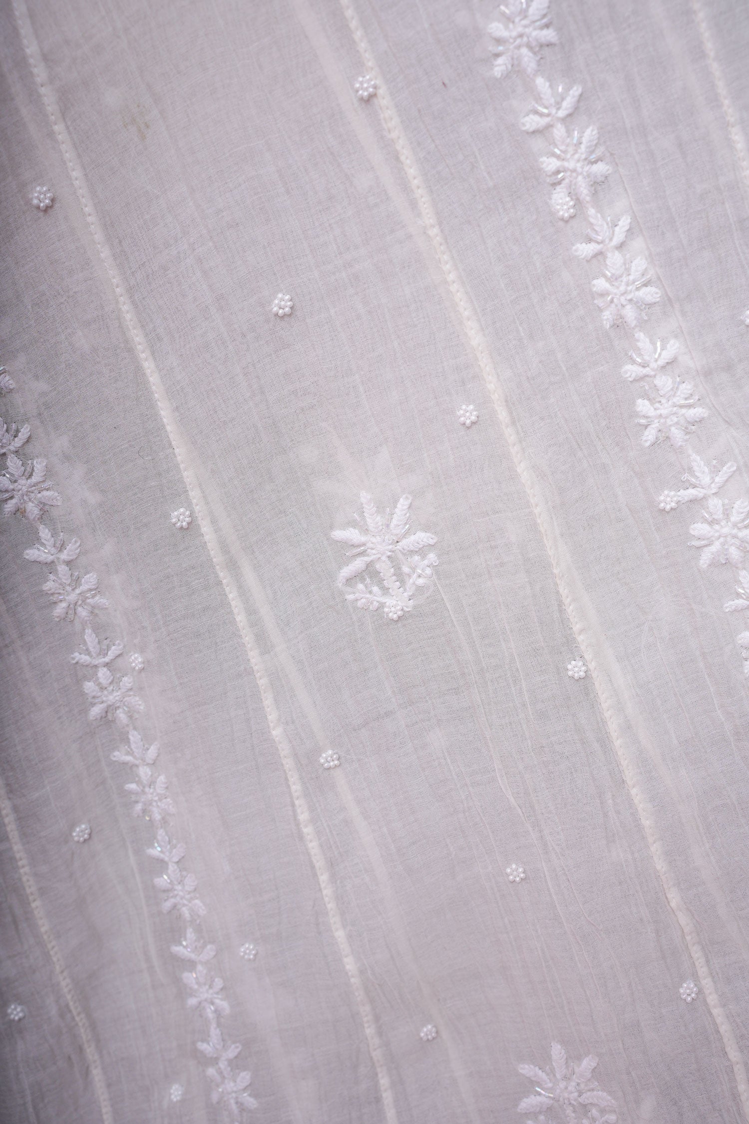 Mulmul Cotton Chikankari Semi Stitched A Line Gown with Bottom and Dupatta-Ivory