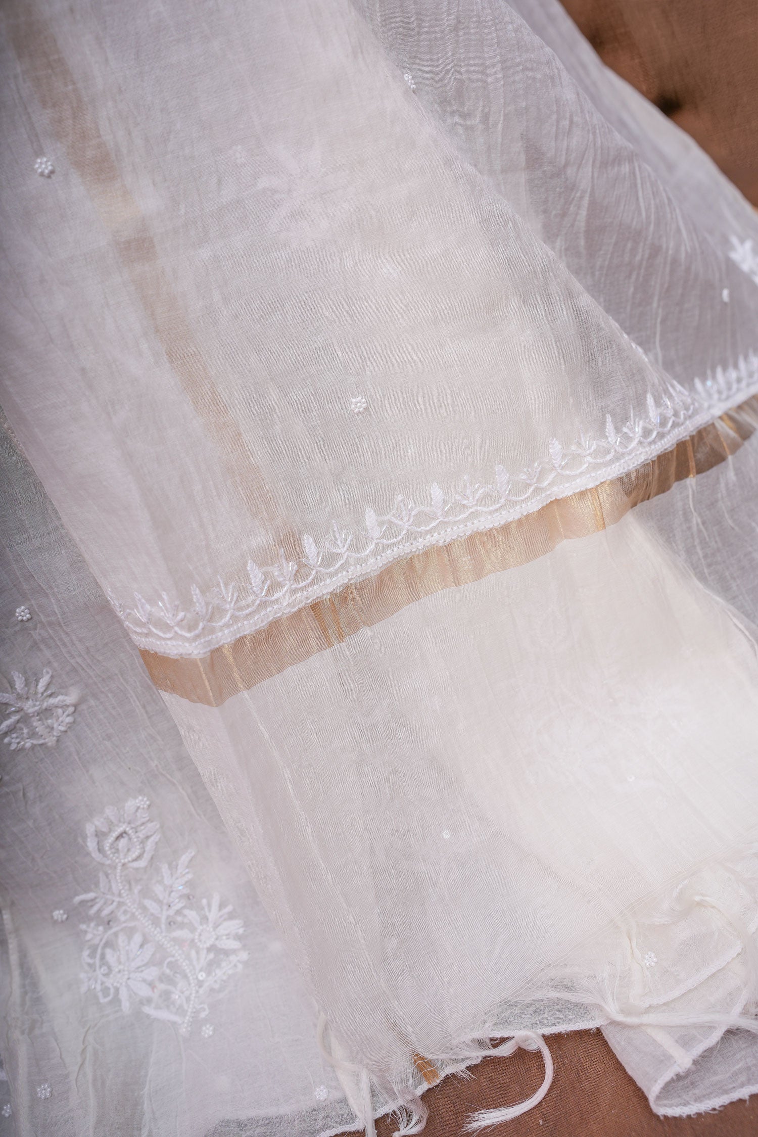 Mulmul Cotton Chikankari Semi Stitched A Line Gown with Bottom and Dupatta-Ivory