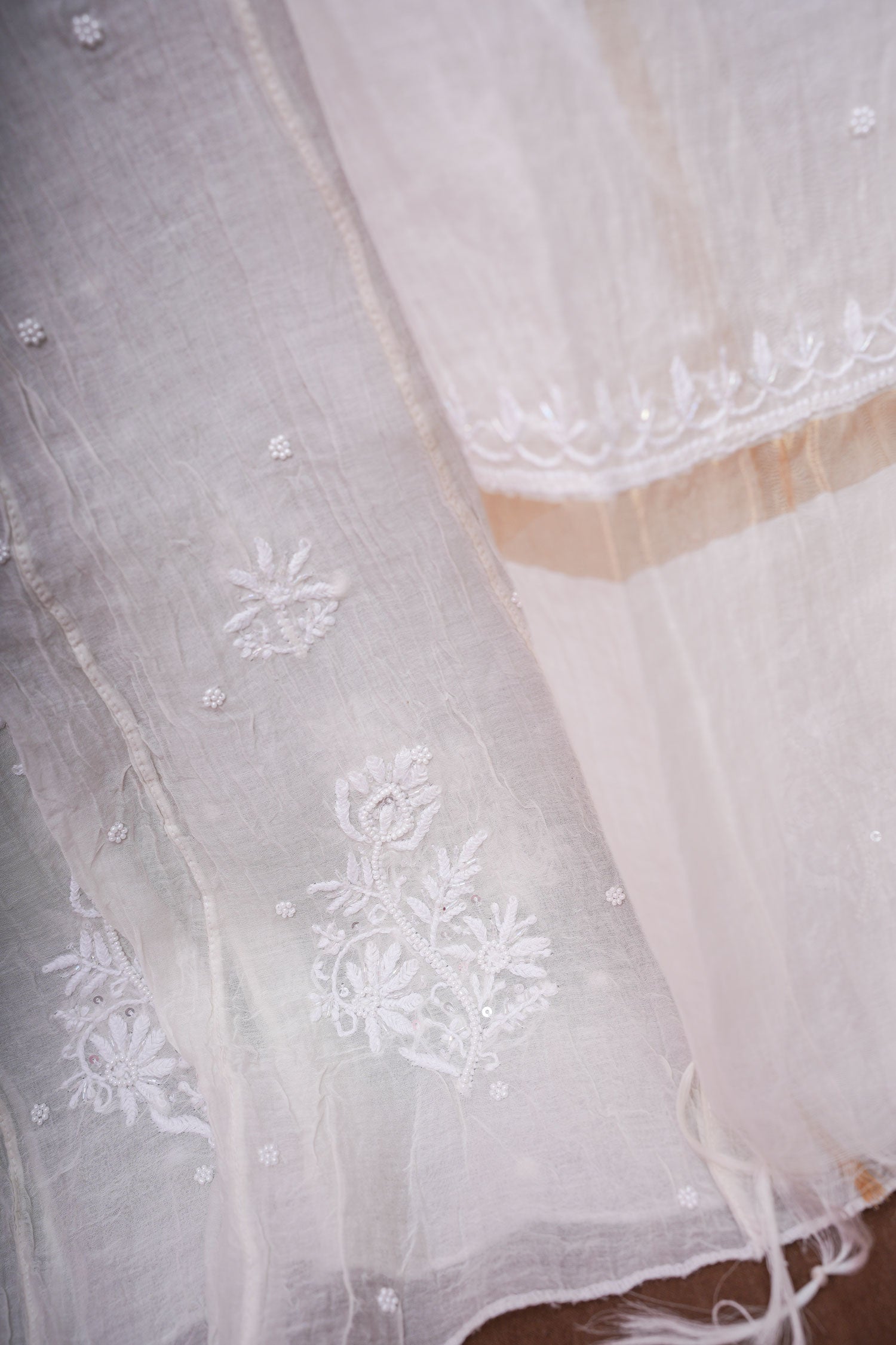 Mulmul Cotton Chikankari Semi Stitched A Line Gown with Bottom and Dupatta-Ivory