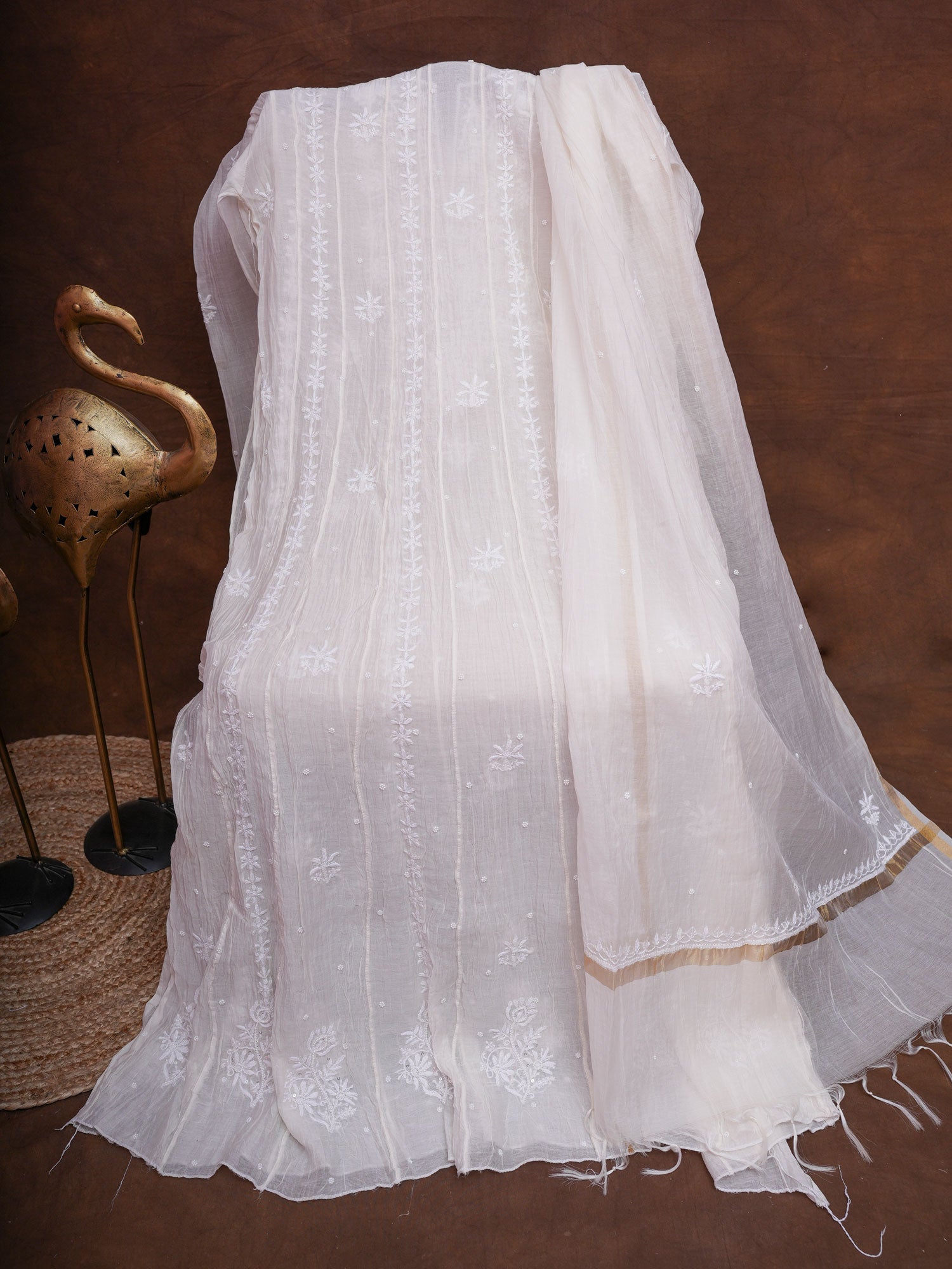 Mulmul Cotton Chikankari Semi Stitched A Line Gown with Bottom and Dupatta-Ivory