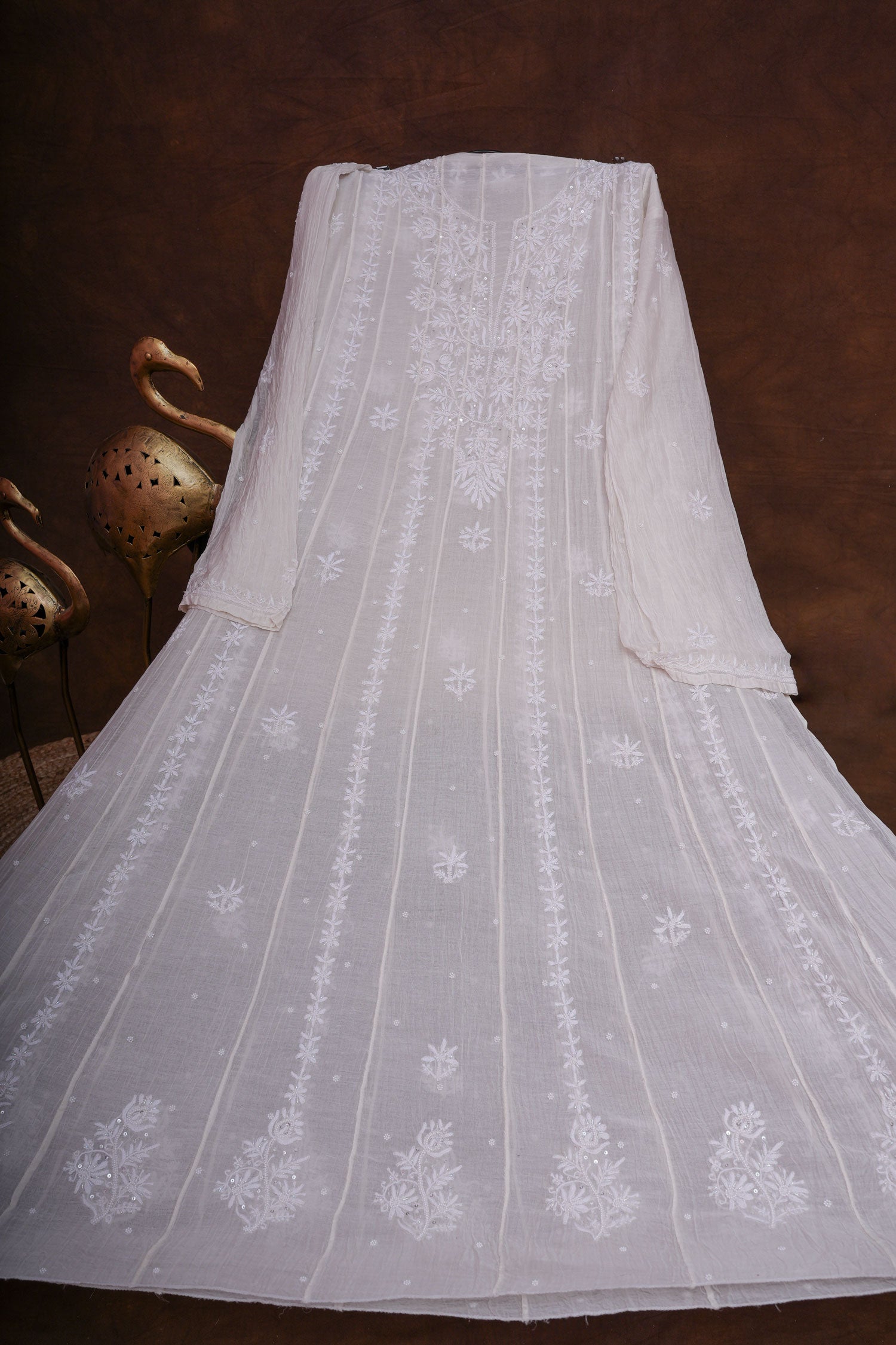 Mulmul Cotton Chikankari Semi Stitched A Line Gown with Bottom and Dupatta-Ivory