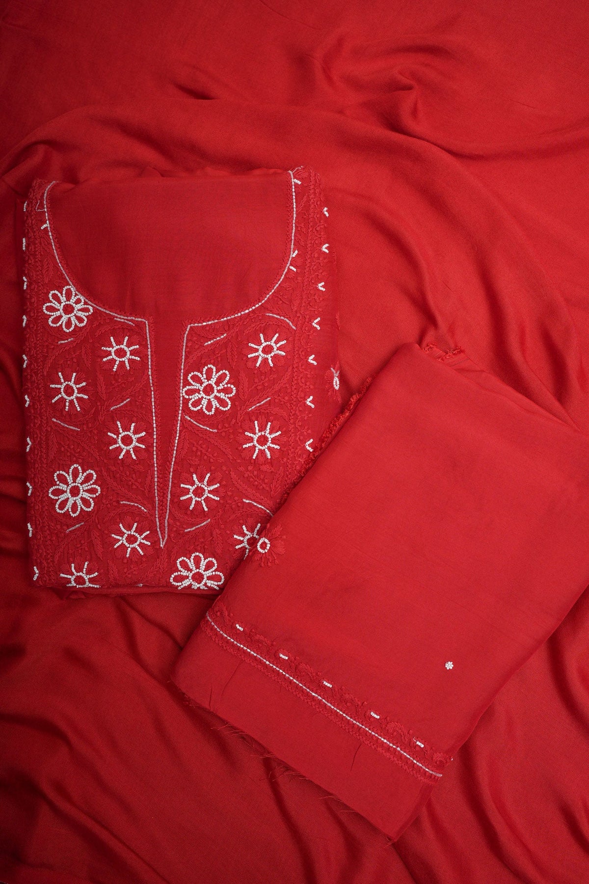 Pure Muslin Chikankari Unstitched 3 Piece Suit Set-Red