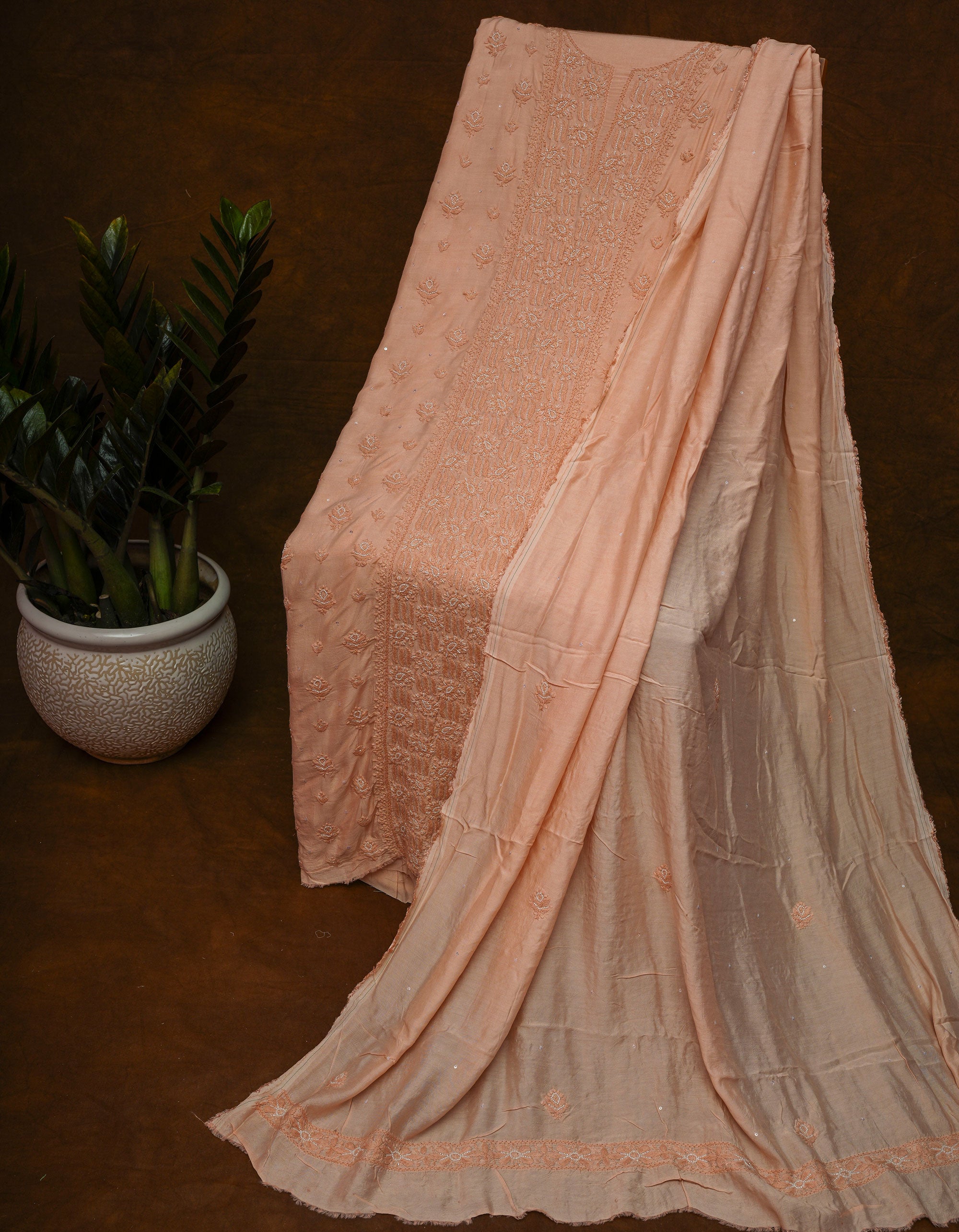Muslin- Chikankari UnStitched 3 Pc Suit Set -Peach