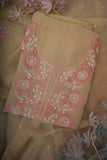 Viscose Organza- Unstitched Kurti Piece with Dupatta-Beige & Pink
