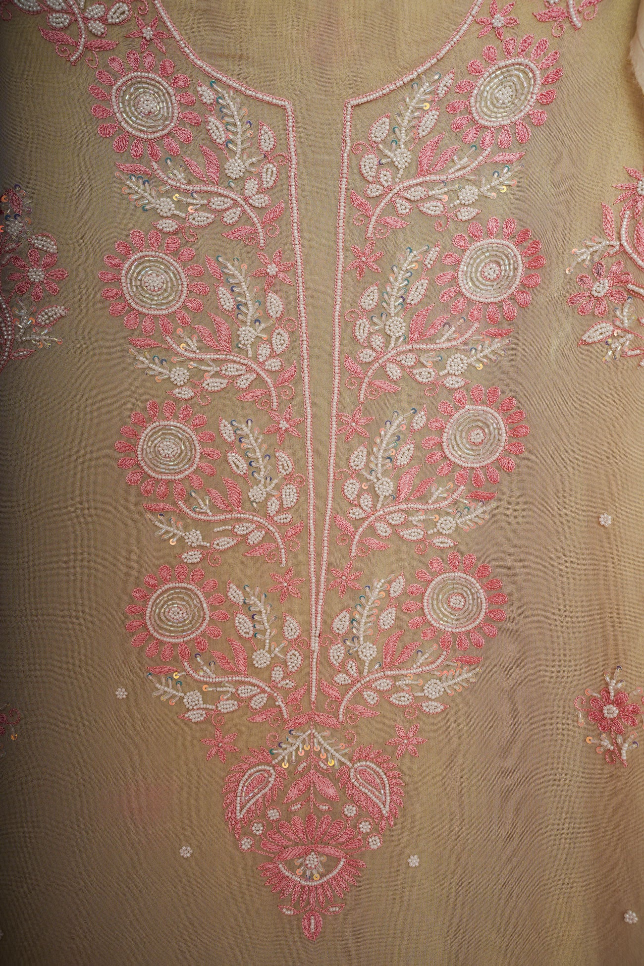 Viscose Organza- Unstitched Kurti Piece with Dupatta-Beige & Pink