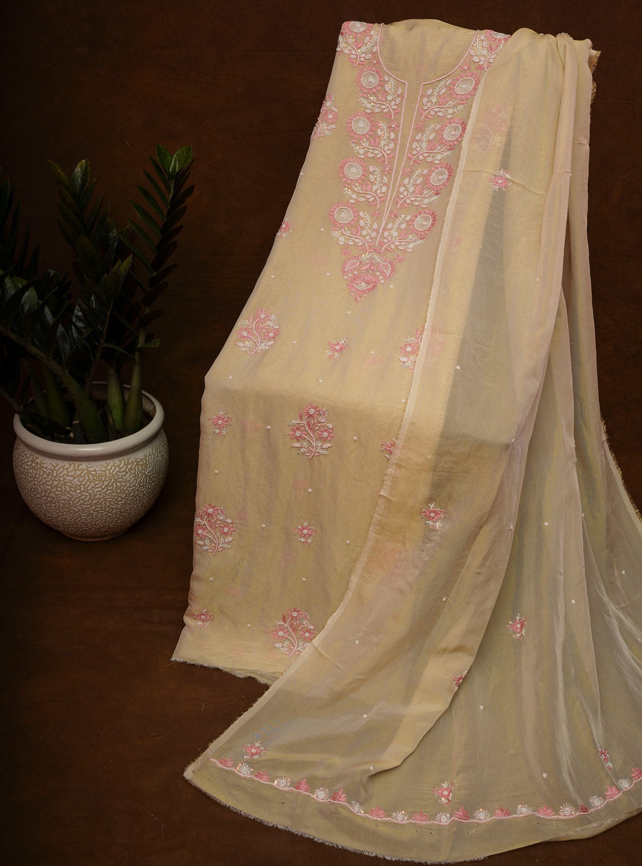 Viscose Organza- Unstitched Kurti Piece with Dupatta-Beige & Pink