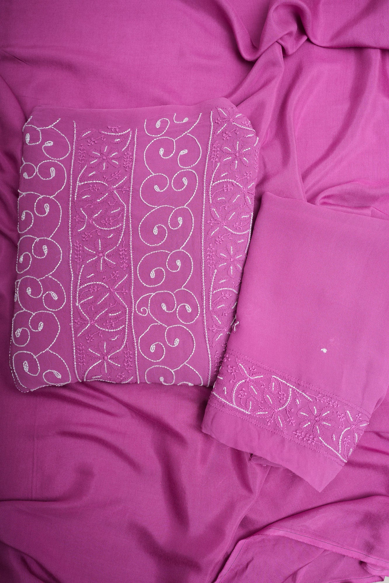 Jhilmil Viscose Georgette Chikankari Un-Stitched Suit Length with bottom and Dupatta-Majenta