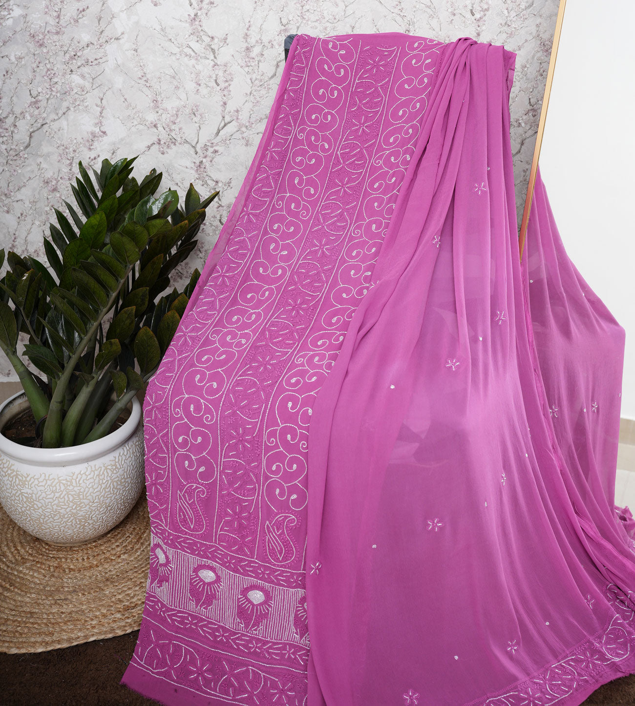 Jhilmil Viscose Georgette Chikankari Un-Stitched Suit Length with bottom and Dupatta-Majenta
