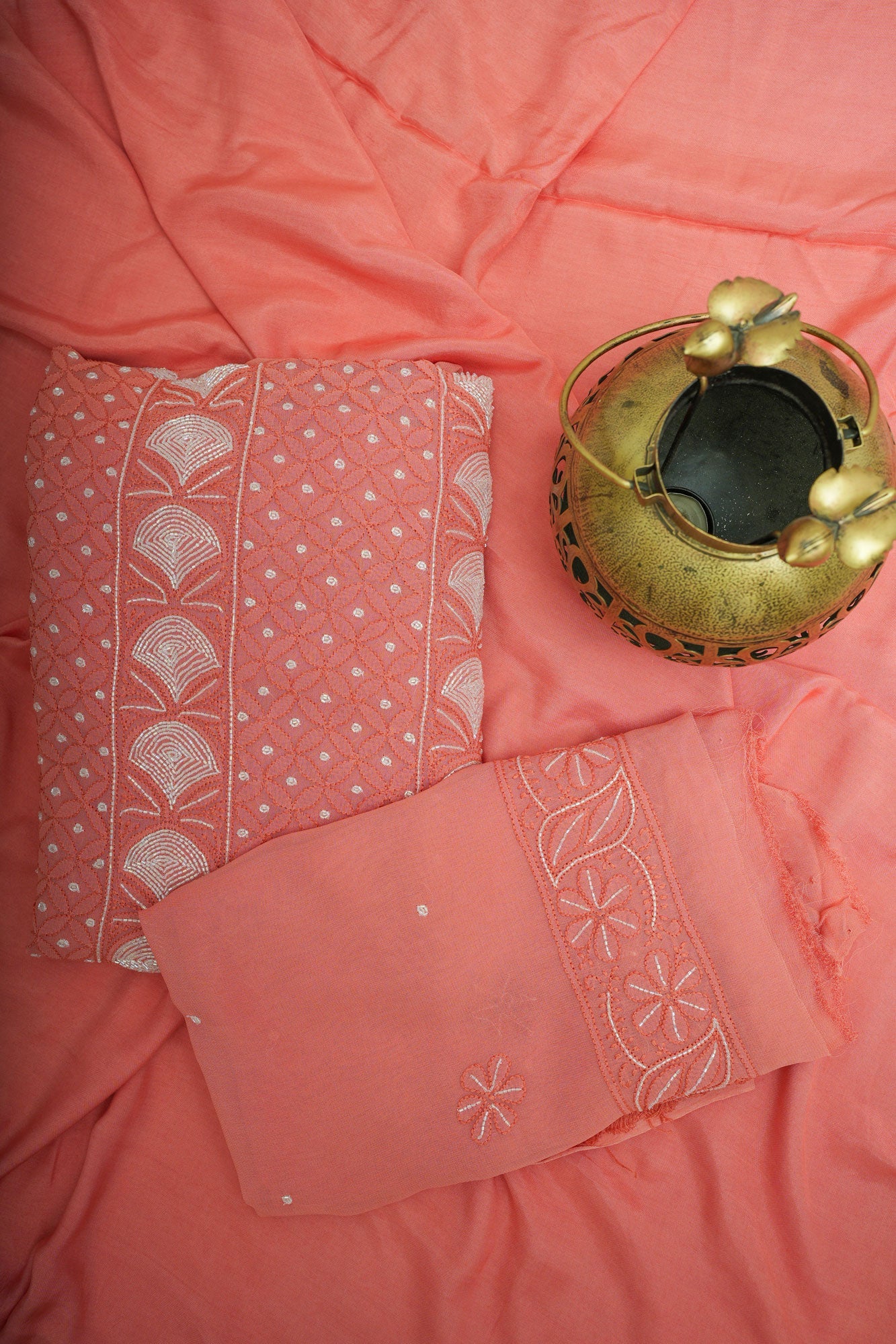 Coral Viscose Georgette Unstitched Chikankari Suit Set with Dupatta