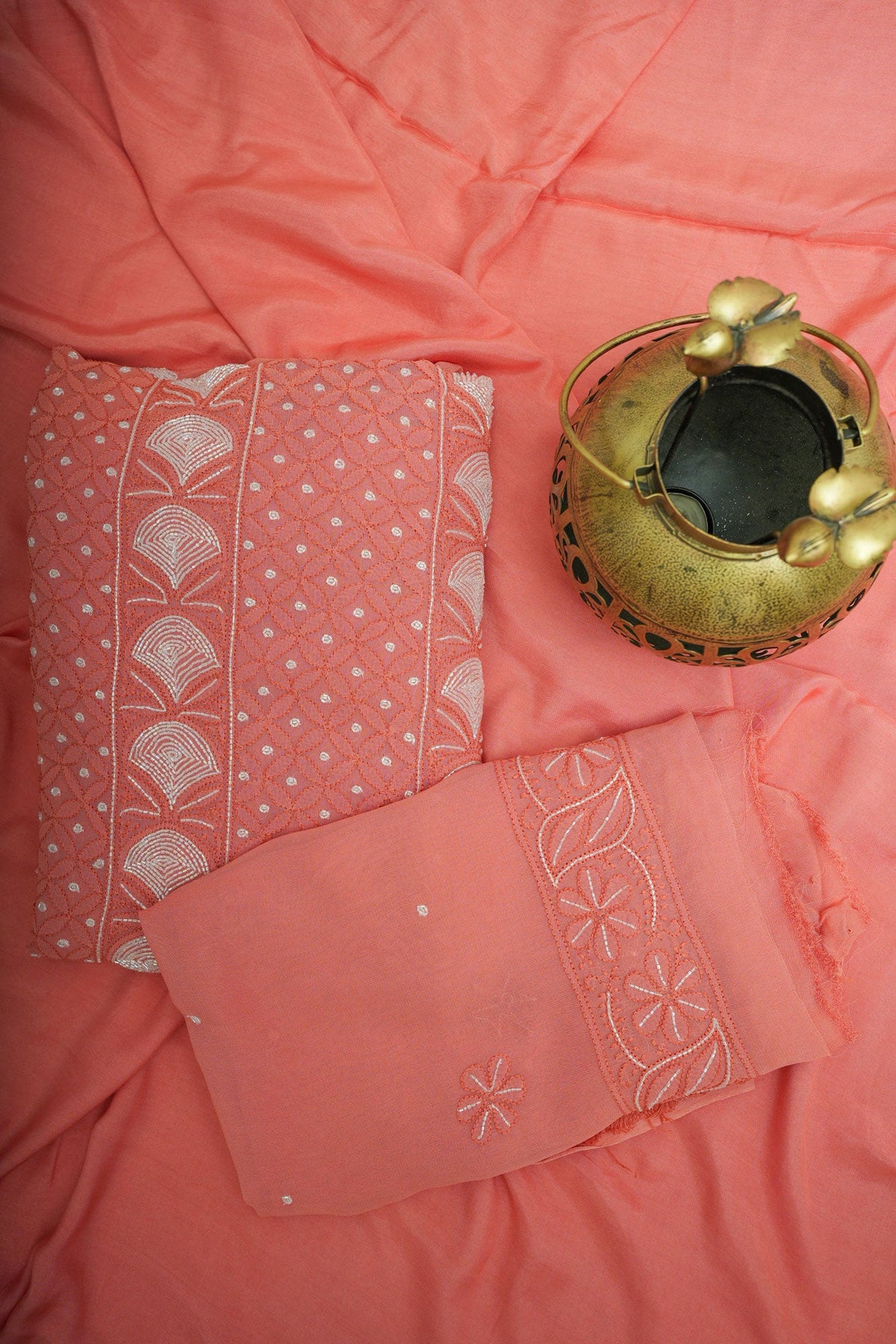 Coral Viscose Georgette Unstitched Chikankari Suit Set with Dupatta
