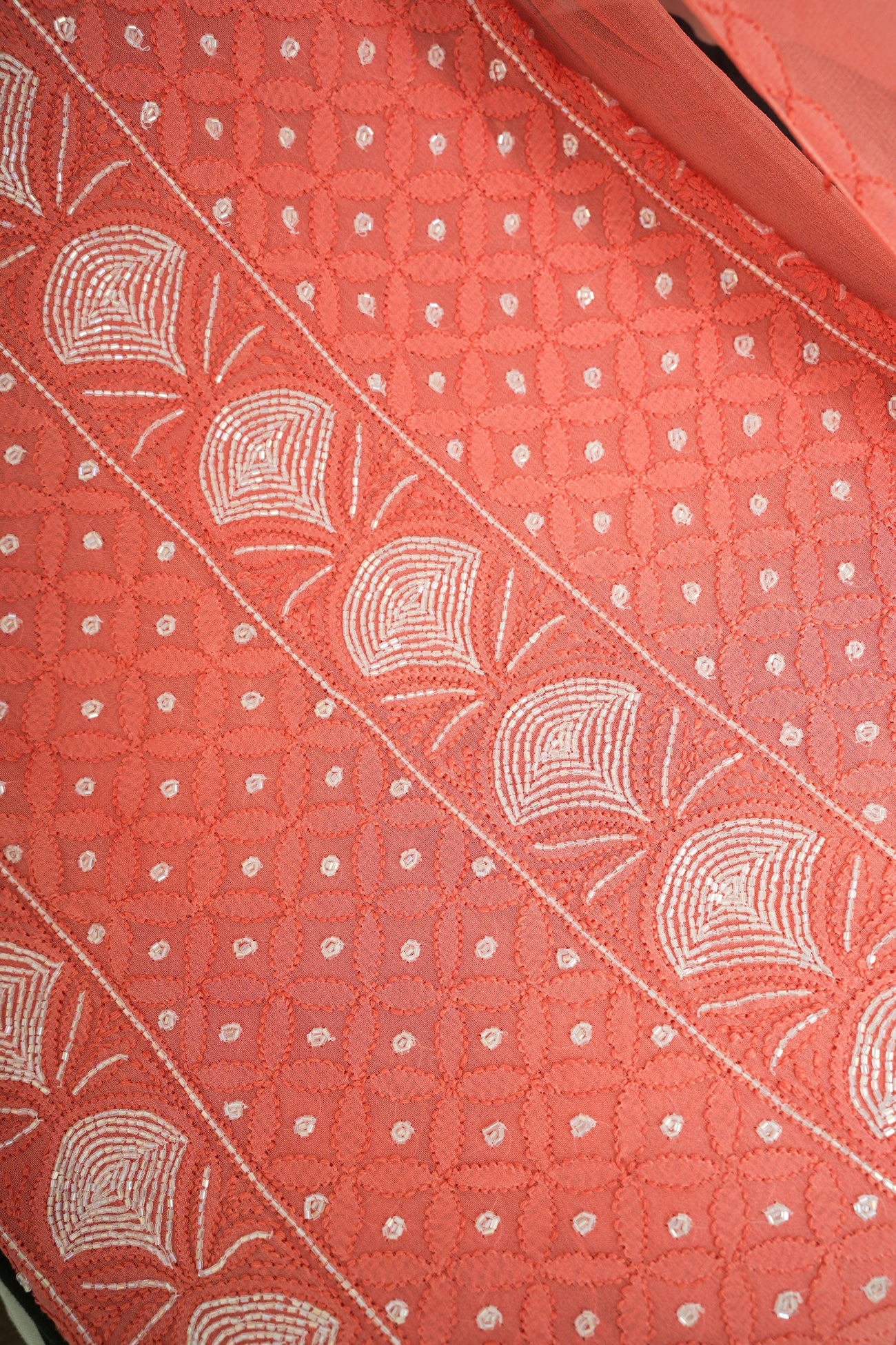 Coral Viscose Georgette Unstitched Chikankari Suit Set with Dupatta