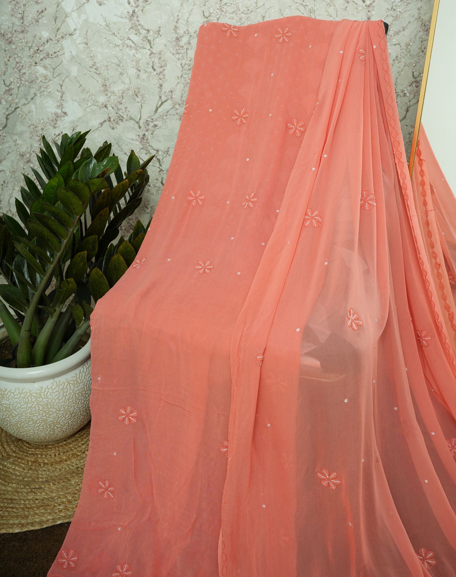 Coral Viscose Georgette Unstitched Chikankari Suit Set with Dupatta