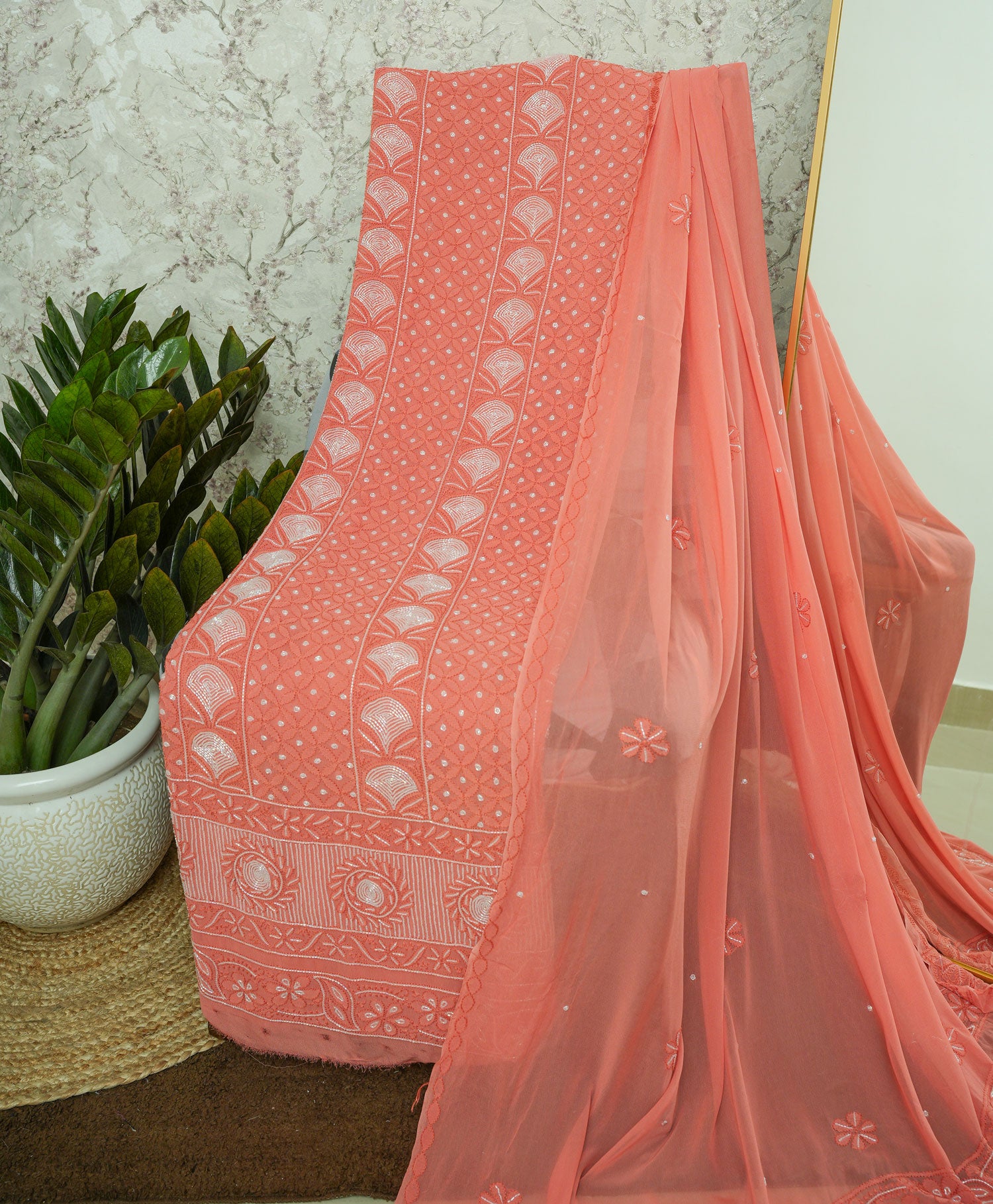 Coral Viscose Georgette Unstitched Chikankari Suit Set with Dupatta