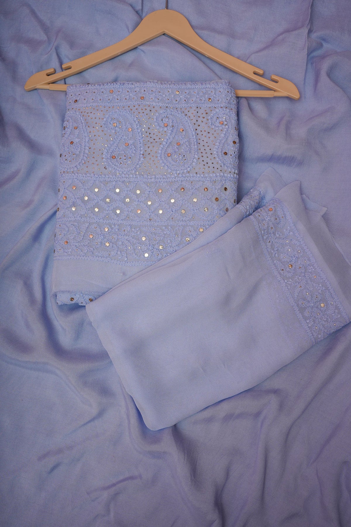 Powder Blue Unstitched Chikankari Suit Set with Dupatta-Viscose Georgette