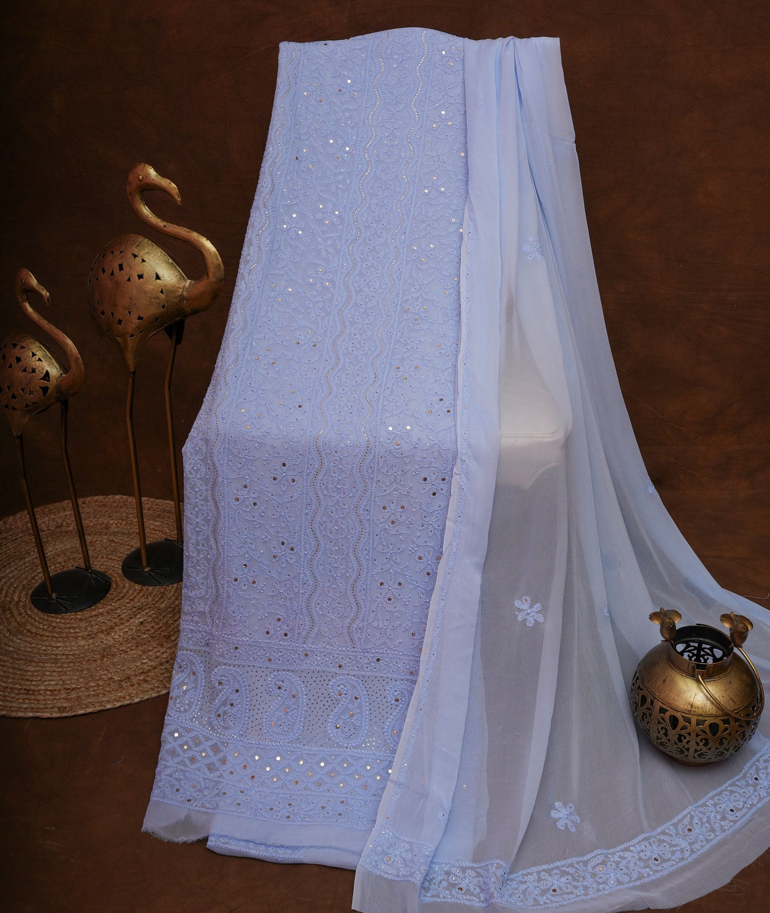Powder Blue Unstitched Chikankari Suit Set with Dupatta-Viscose Georgette