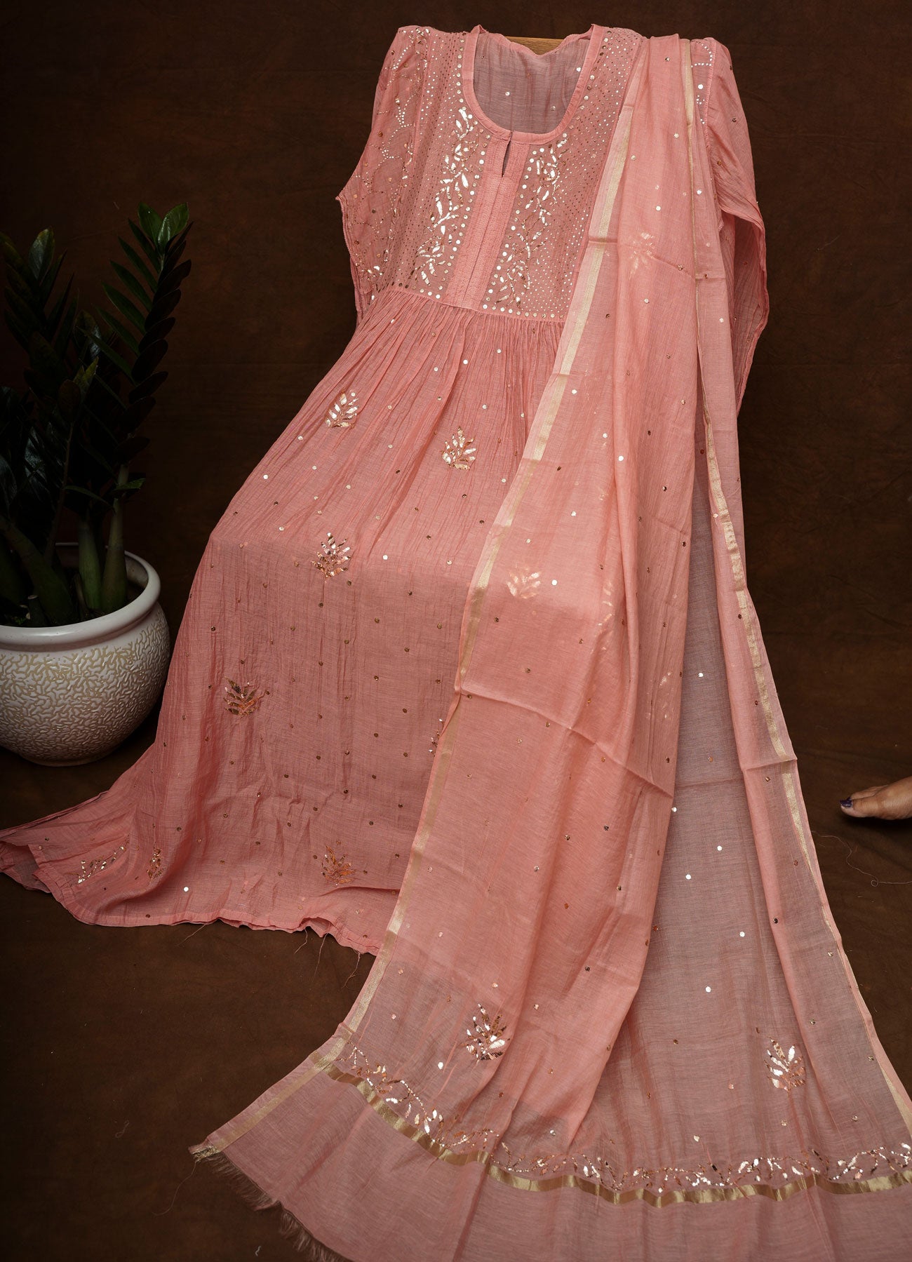Mul Cotton- Semi Stitched A-Line Gown with Mukaish work-Dusty Pink