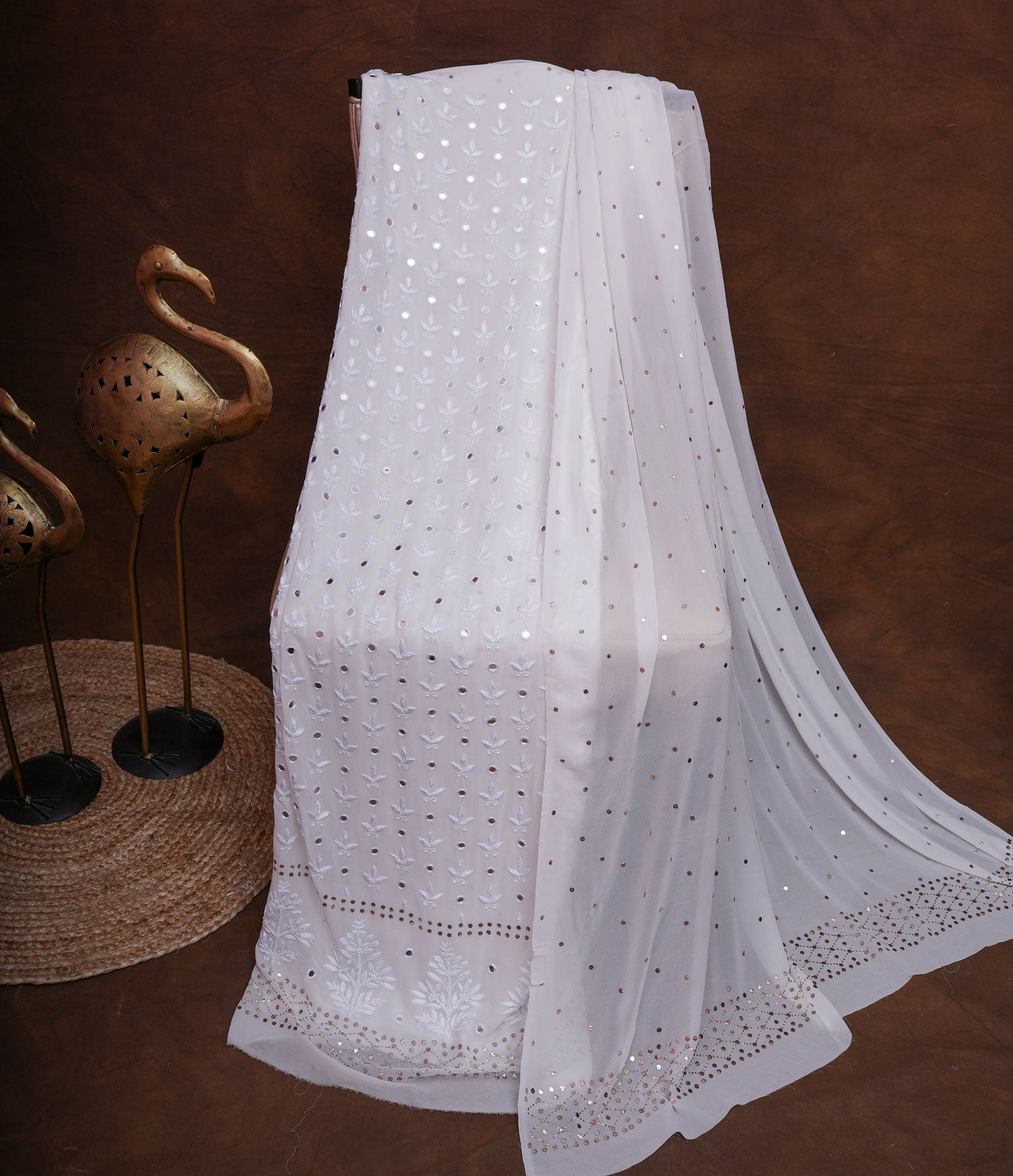 Chandni Unstitched Viscose Georgette Chikankari Suit length with Bottom and Dupatta-White
