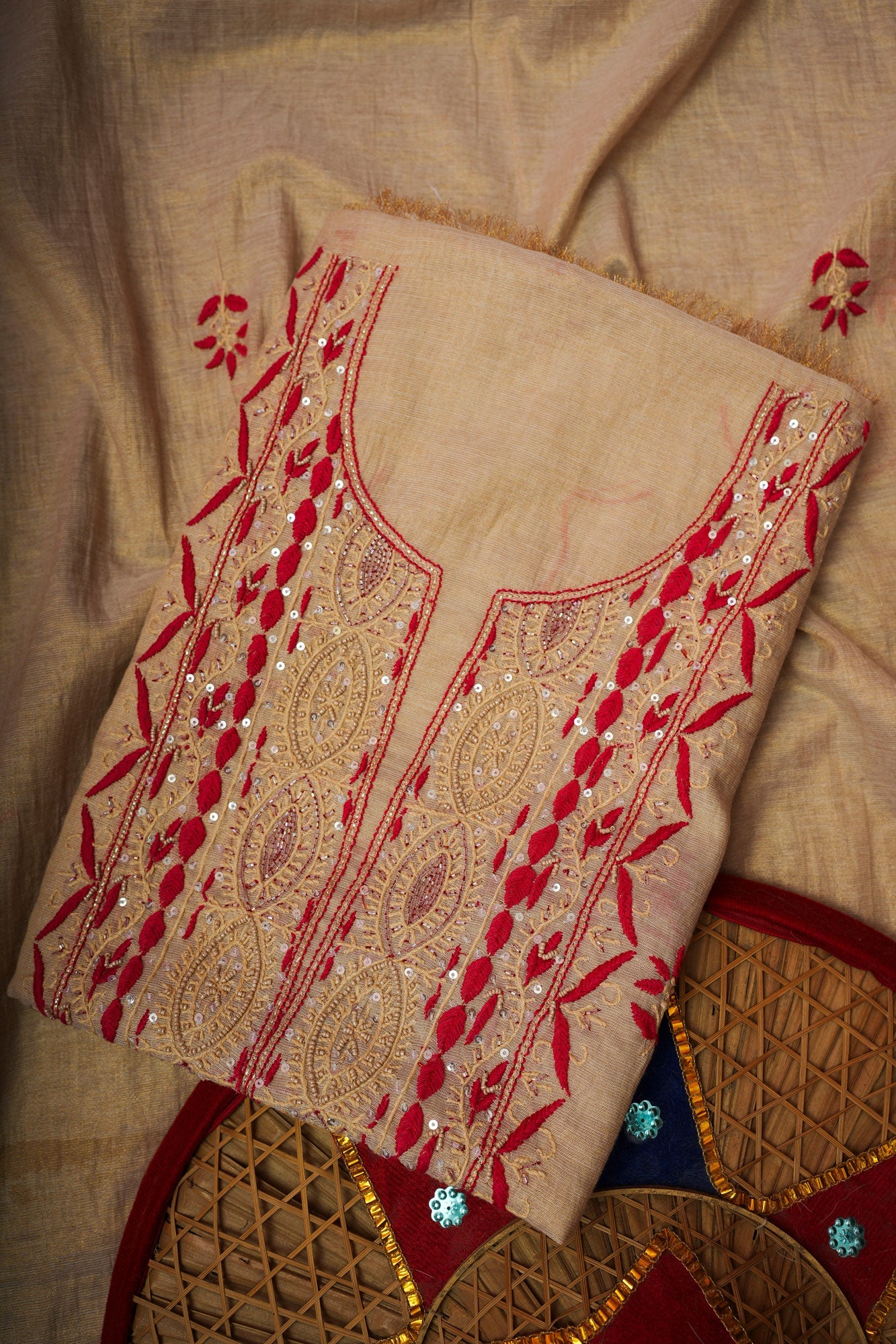 Tissue Silk- UnStitched 3 Pc Suit Set-Golden