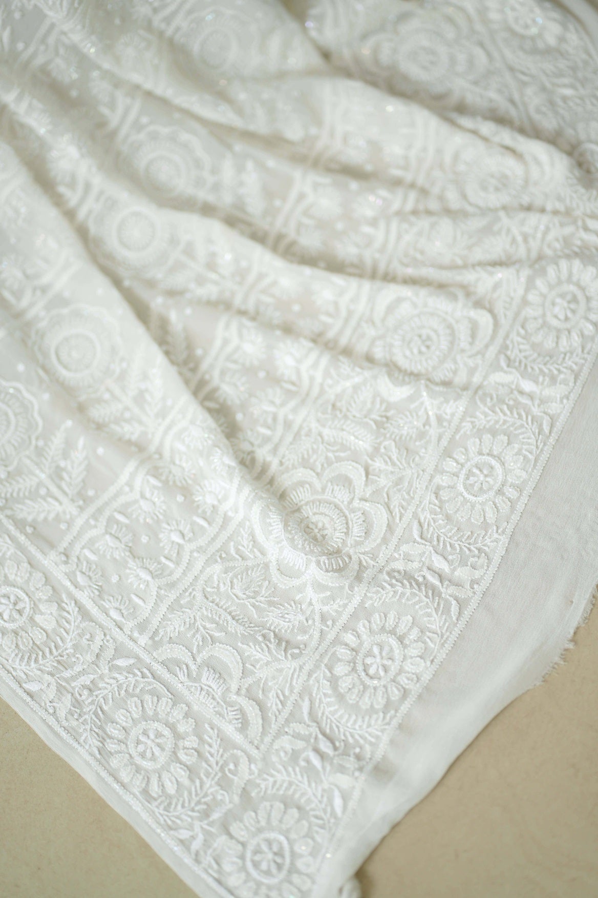 Alira Pure Georgette Chikankaree Saree-Ivory White