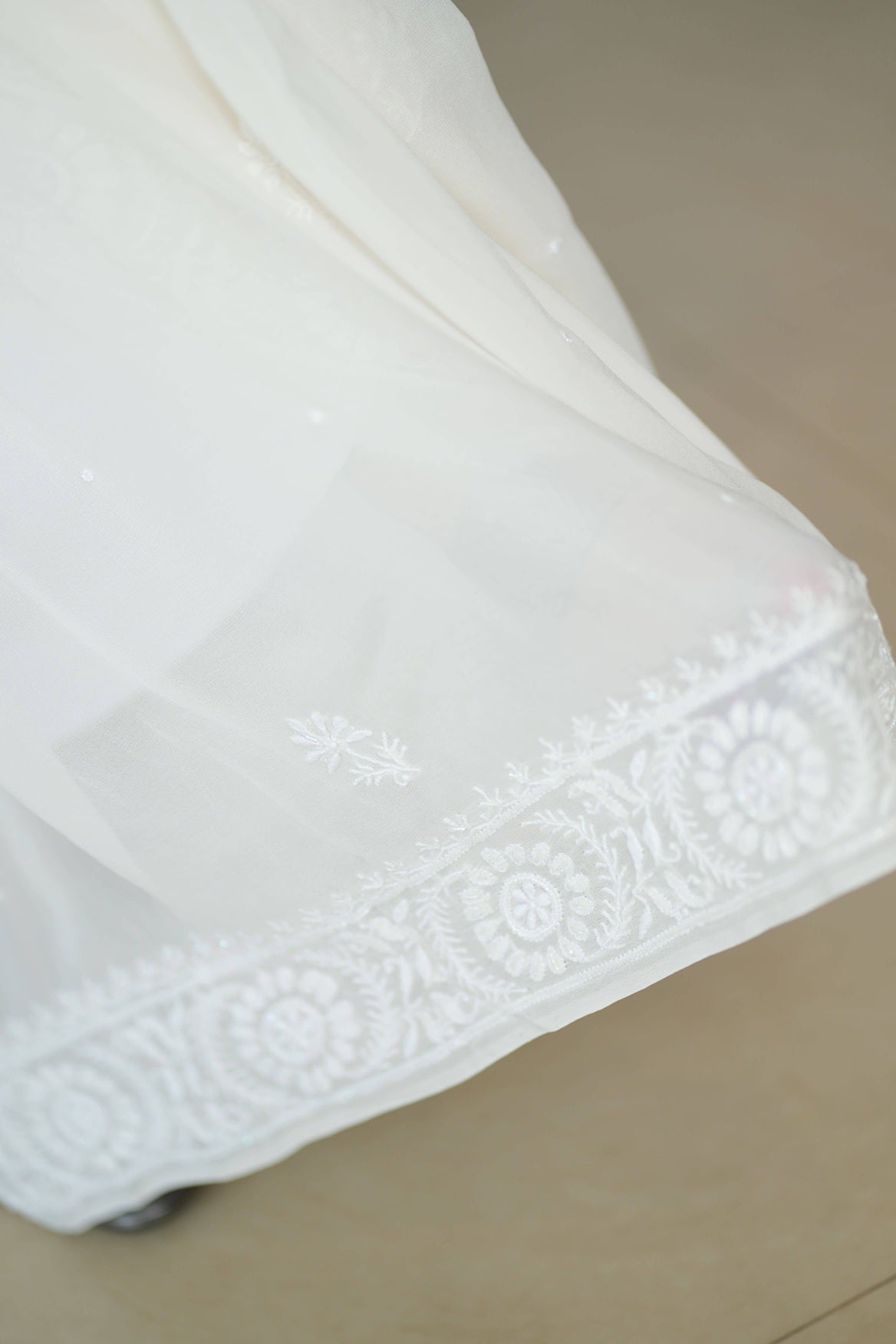 Alira Pure Georgette Chikankaree Saree-Ivory White