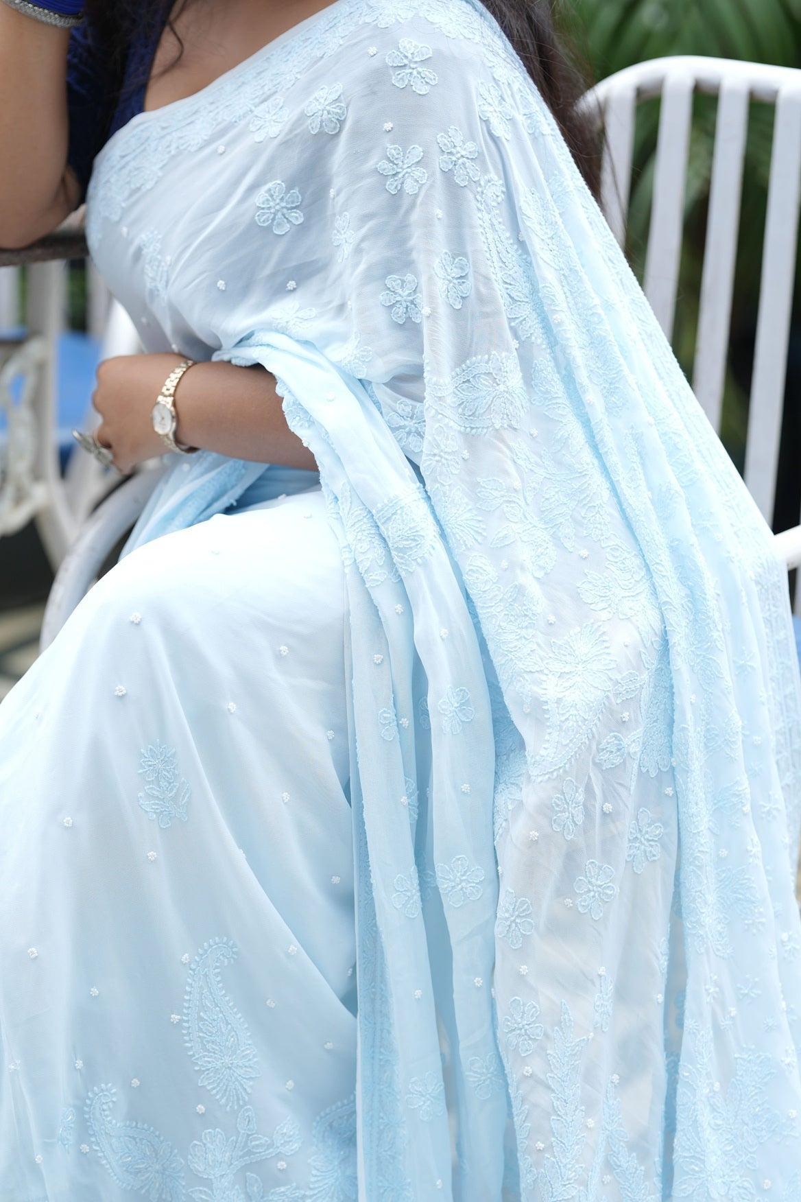 Vayuna Viscose Georgette Chikankari Saree-Baby Blue