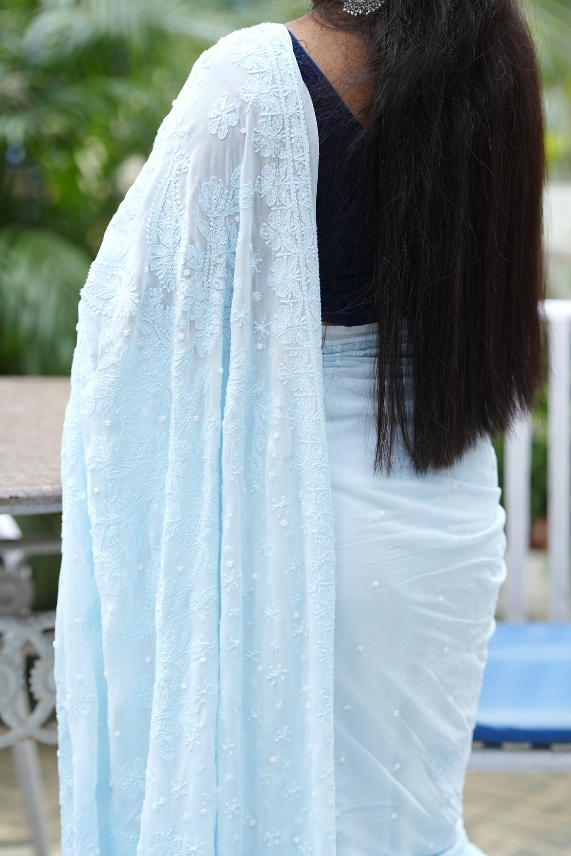 Vayuna Viscose Georgette Chikankari Saree-Baby Blue