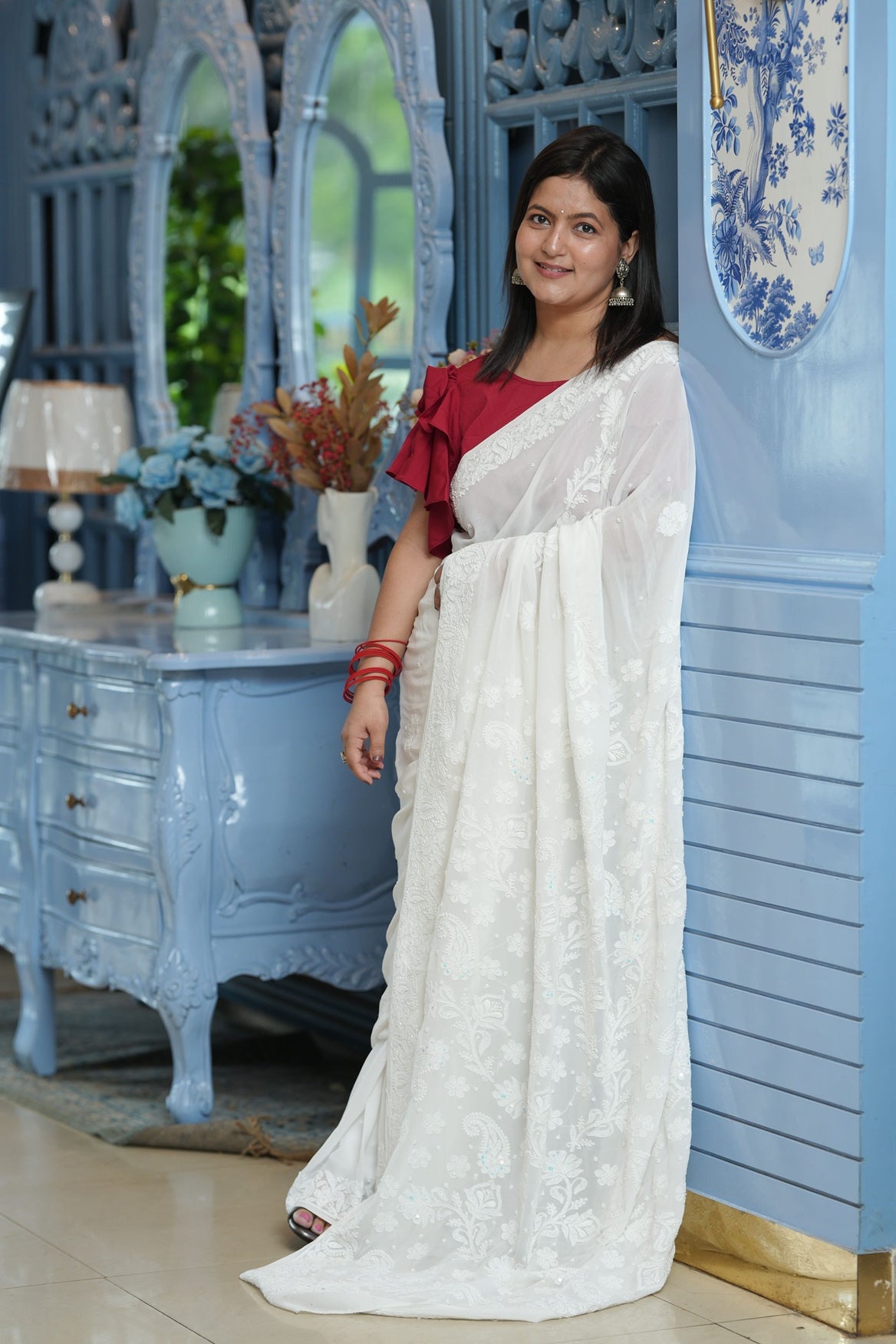 Dhvani Pure White Viscose Georgette Chikankari Saree